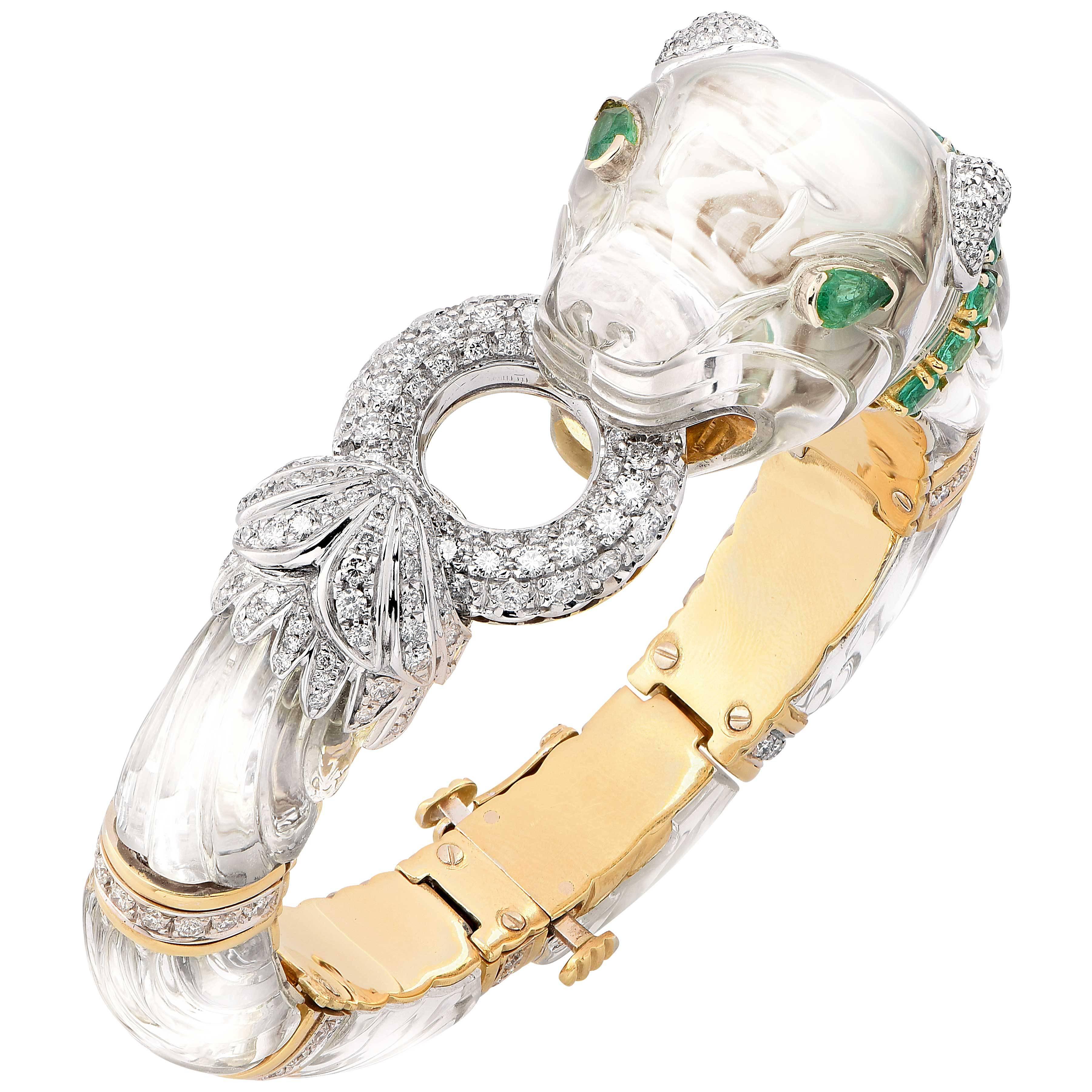 Rock Crystal Emerald Diamond Gold Panther Bangle Bracelet