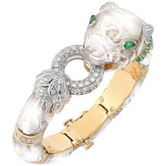 Rock Crystal Emerald Diamond Gold Panther Bangle Bracelet 12