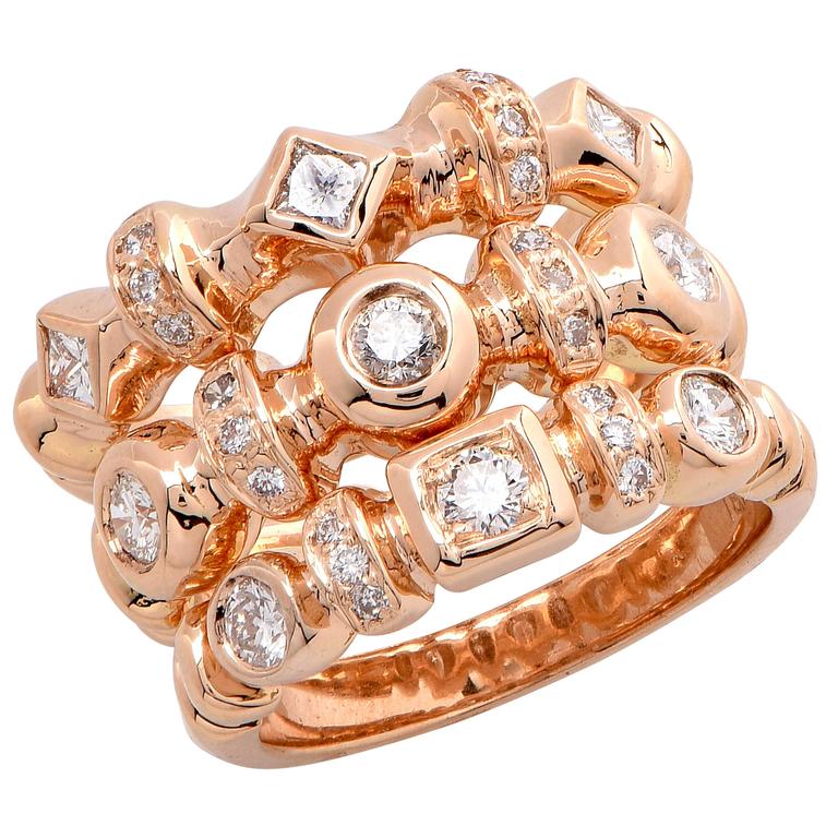 Set of Three Diamond Rose Gold Rings For Sale at 1stdibs