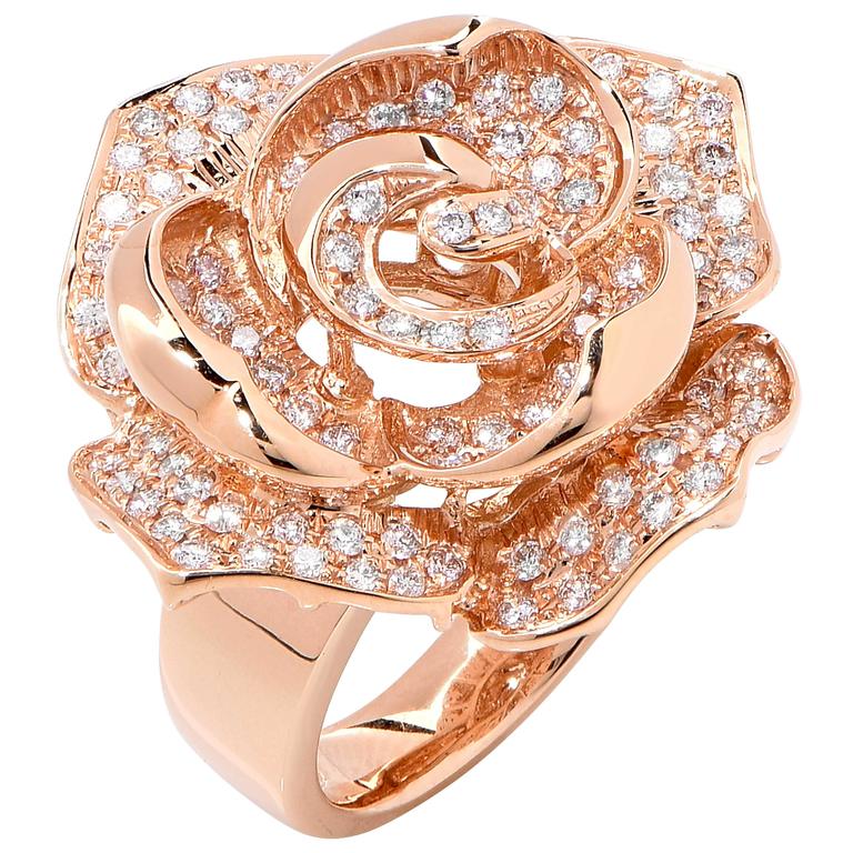 Diamond Rose Gold Rose Motif Ring For Sale at 1stdibs