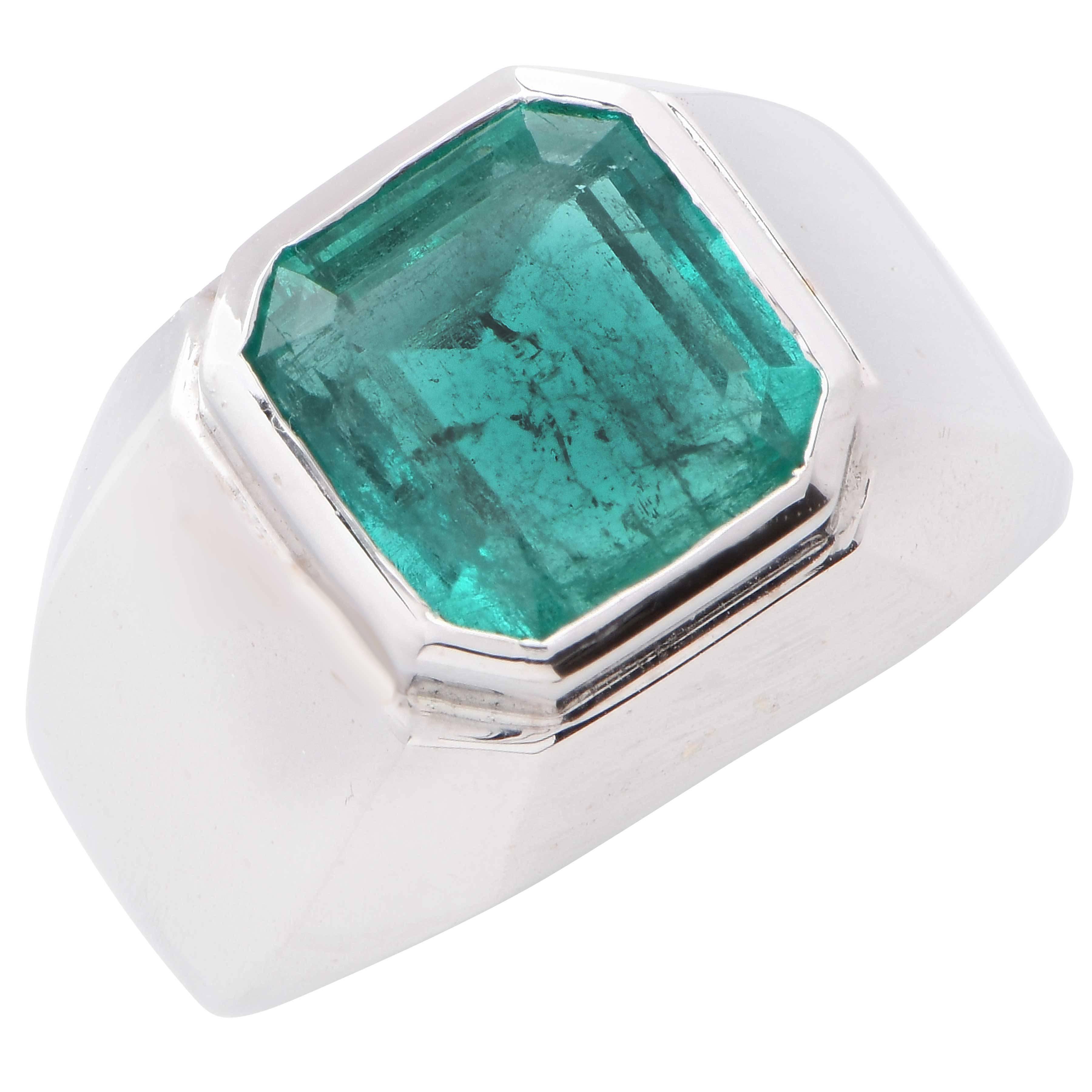 8 Carat Natural Emerald Cut Emerald White Gold Men's Ring