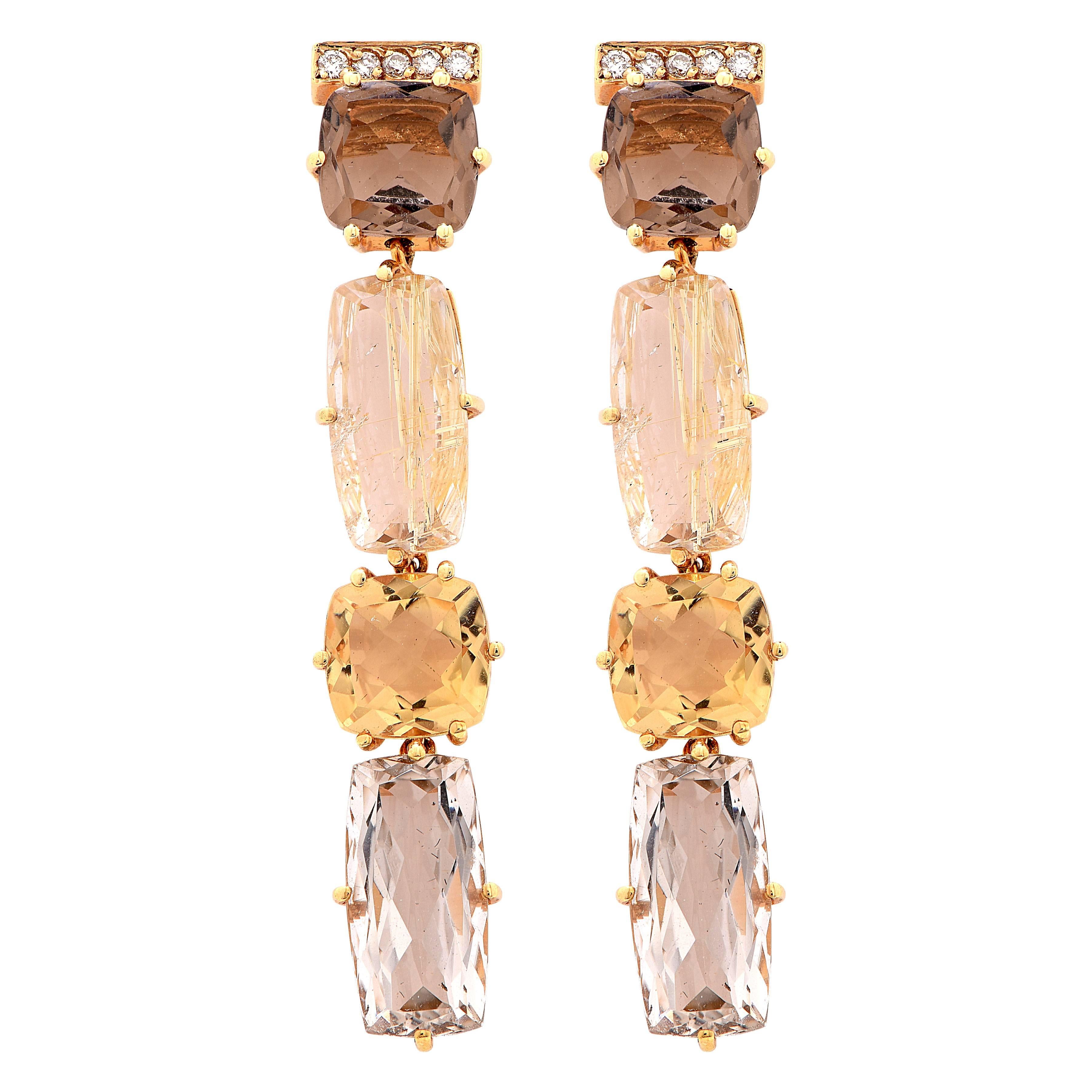 Rutilated Smoky and Murion Quartz Citrine Diamond Yellow Gold Earrings