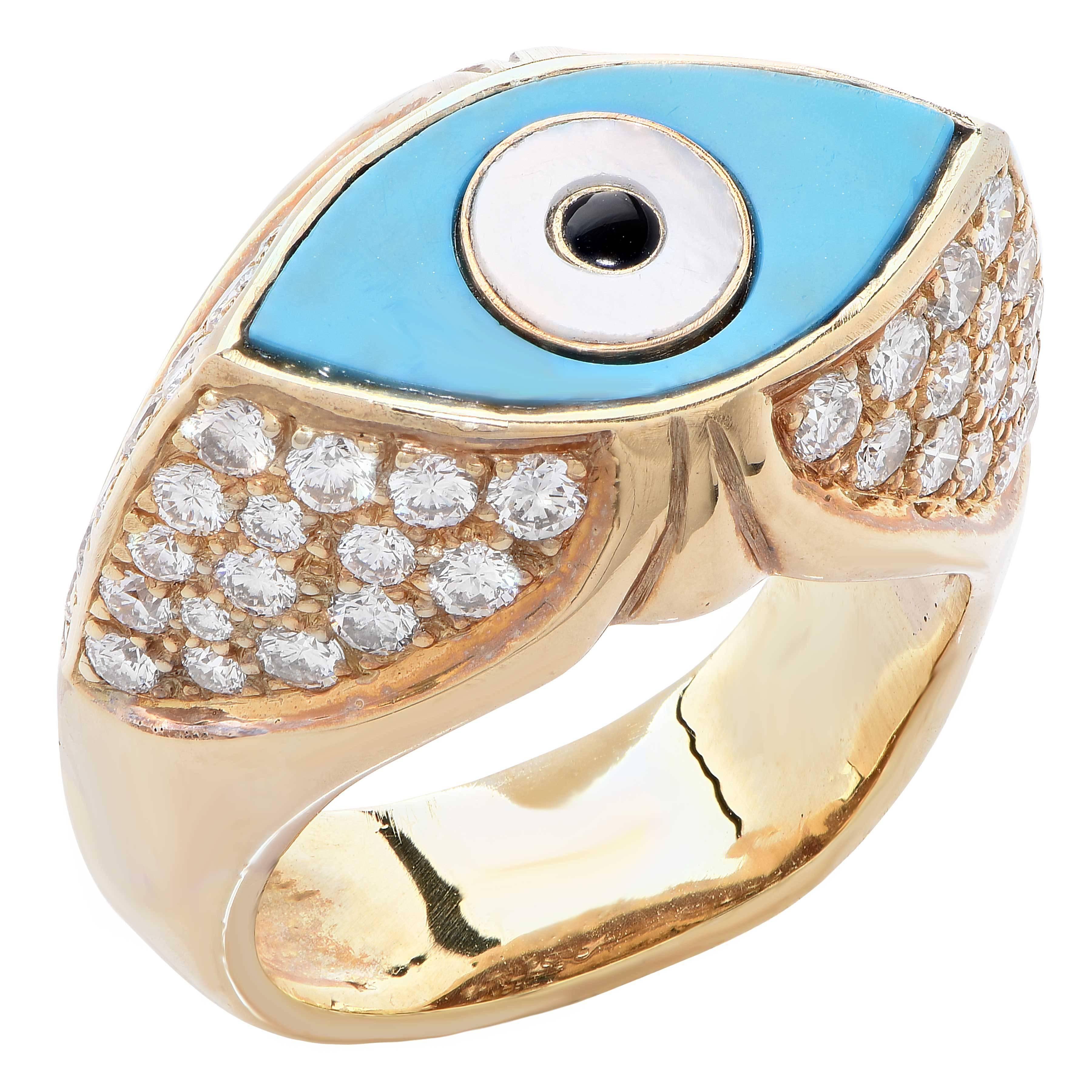Bague en or avec turquoise œil maléfique et diamants en vente