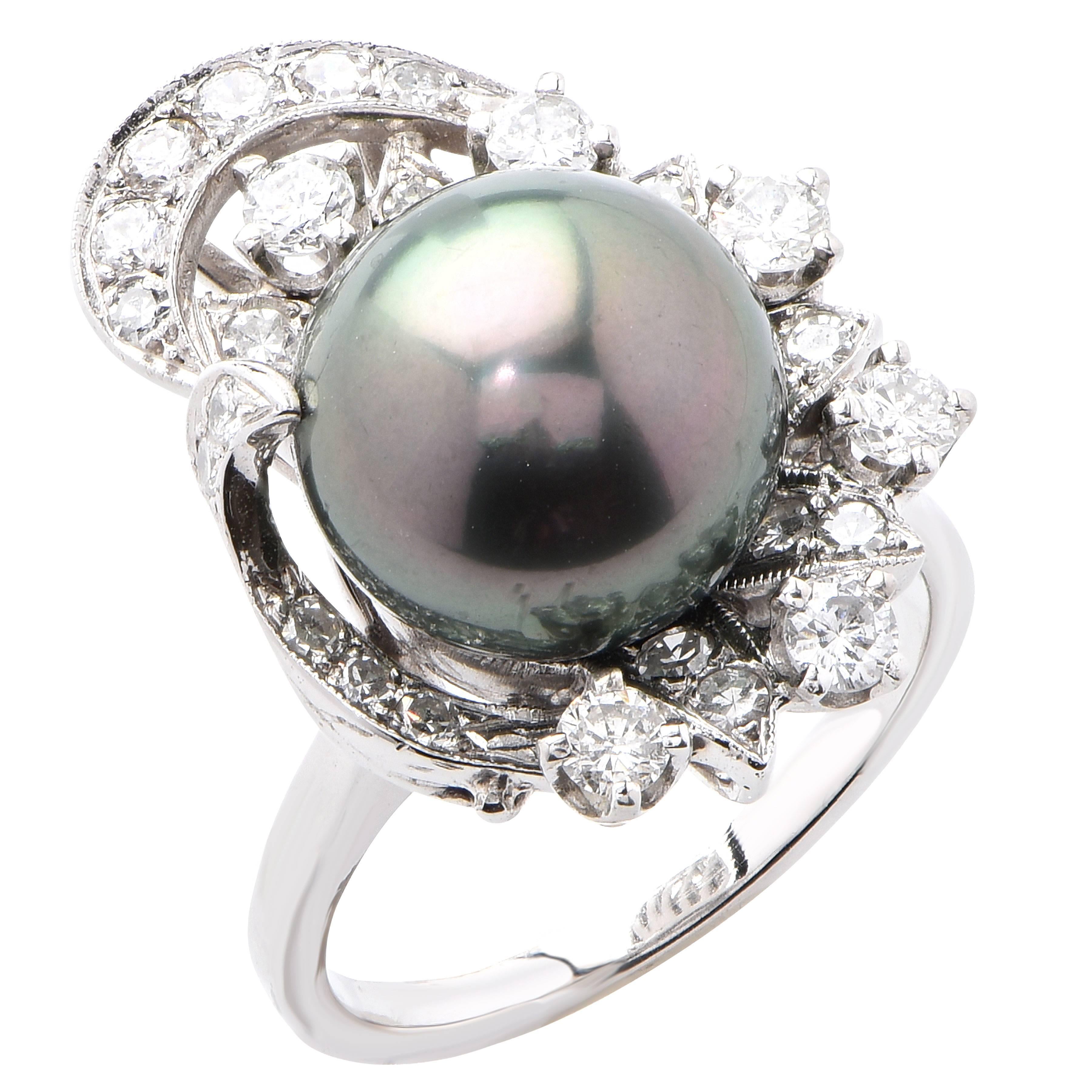 Tahitian Pearl Diamond White Gold Ring For Sale