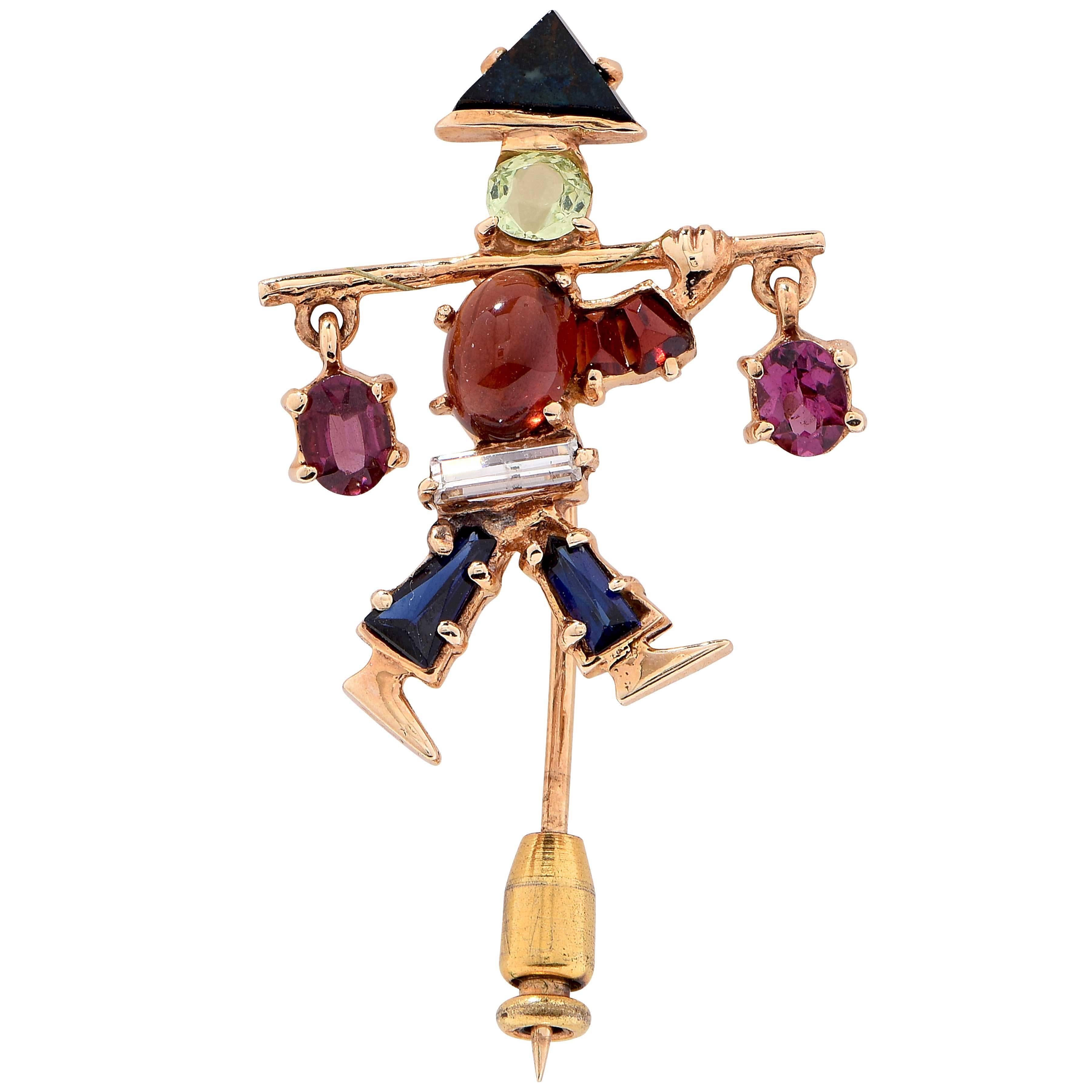 Unique Gemstone Gold Water Bearer Brooch For Sale