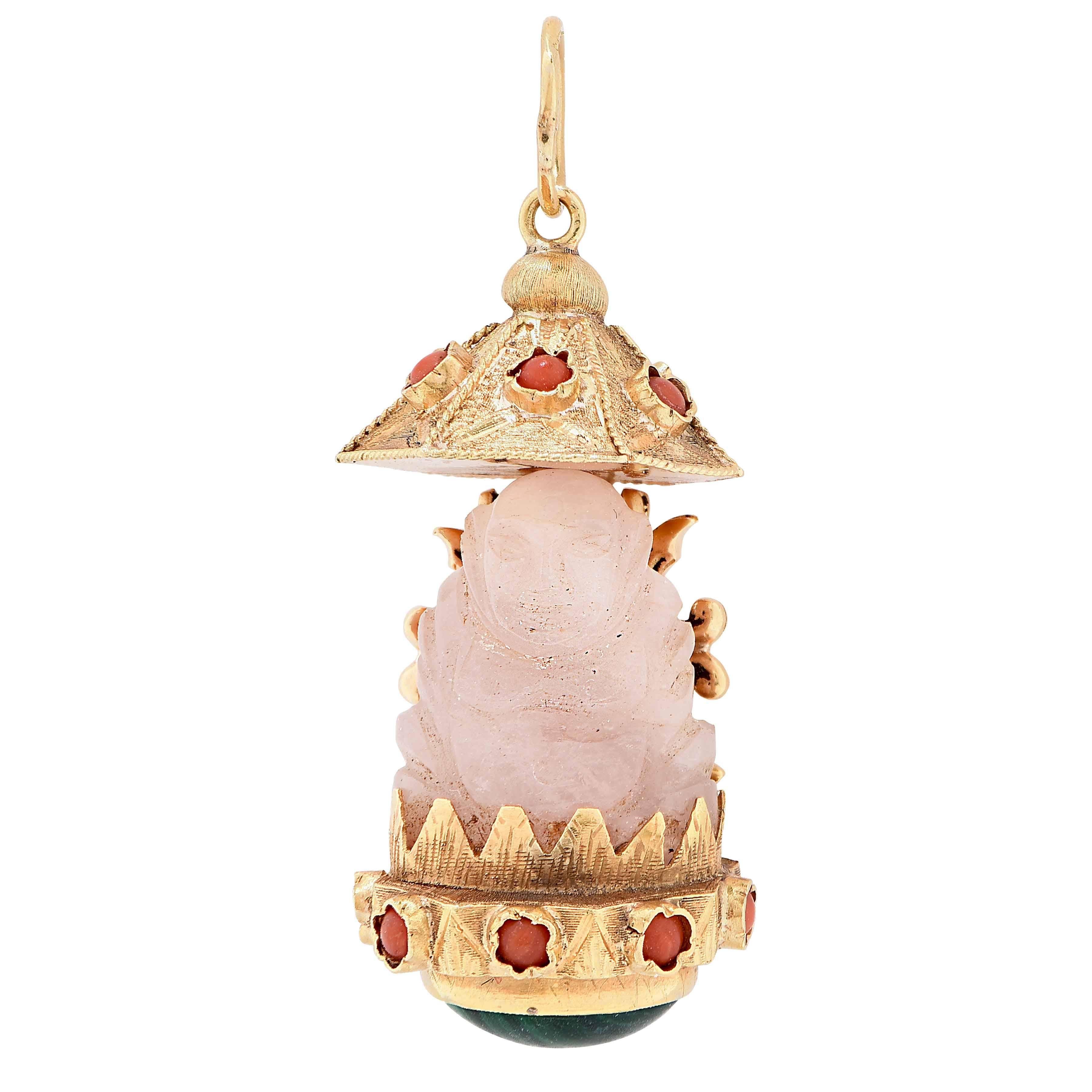 Pink Jade Coral Beads Gold Buddha Pendant For Sale