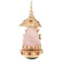 Retro Pink Jade Coral Beads Gold Buddha Pendant