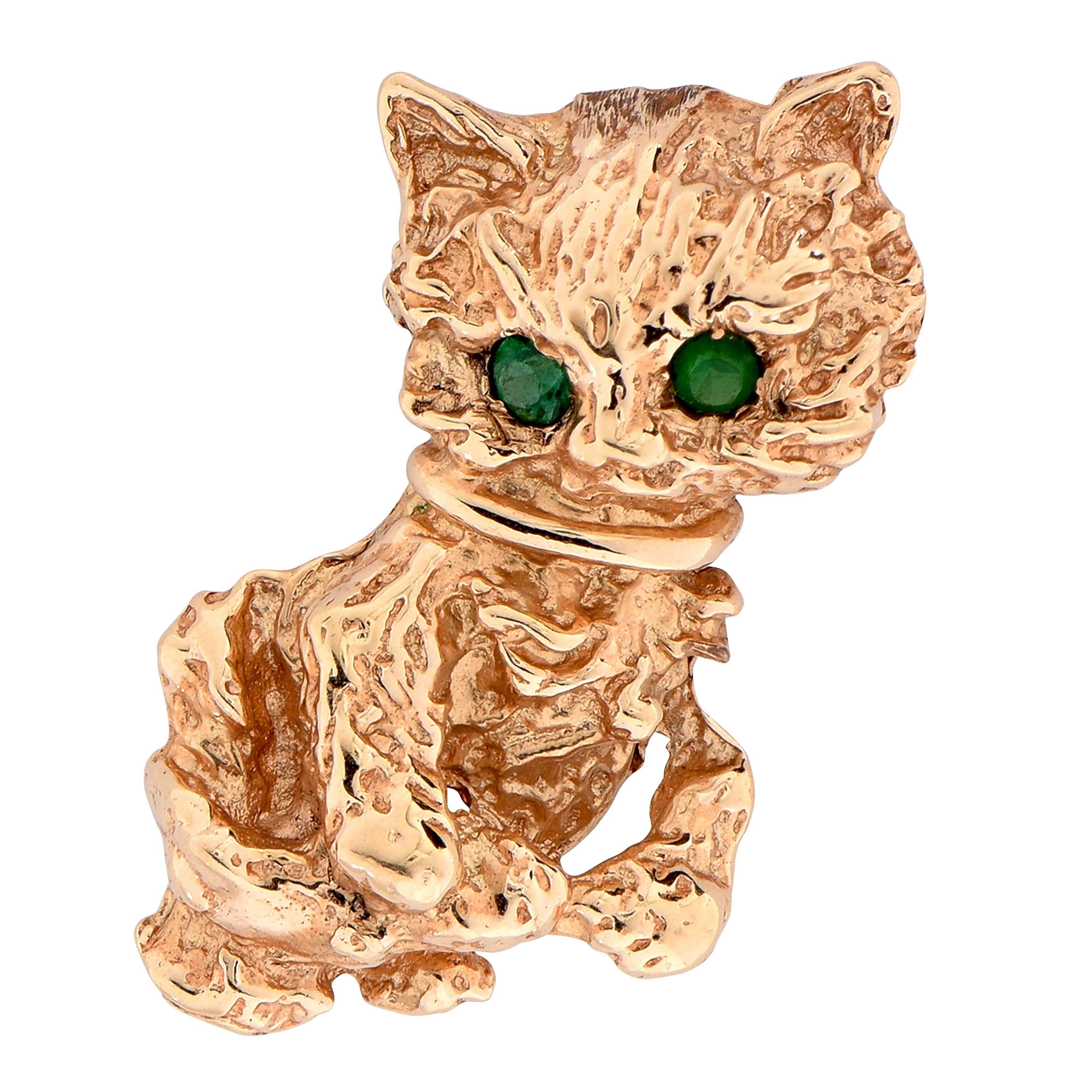 Yellow Gold Cat Brooch with Emerald Eyes