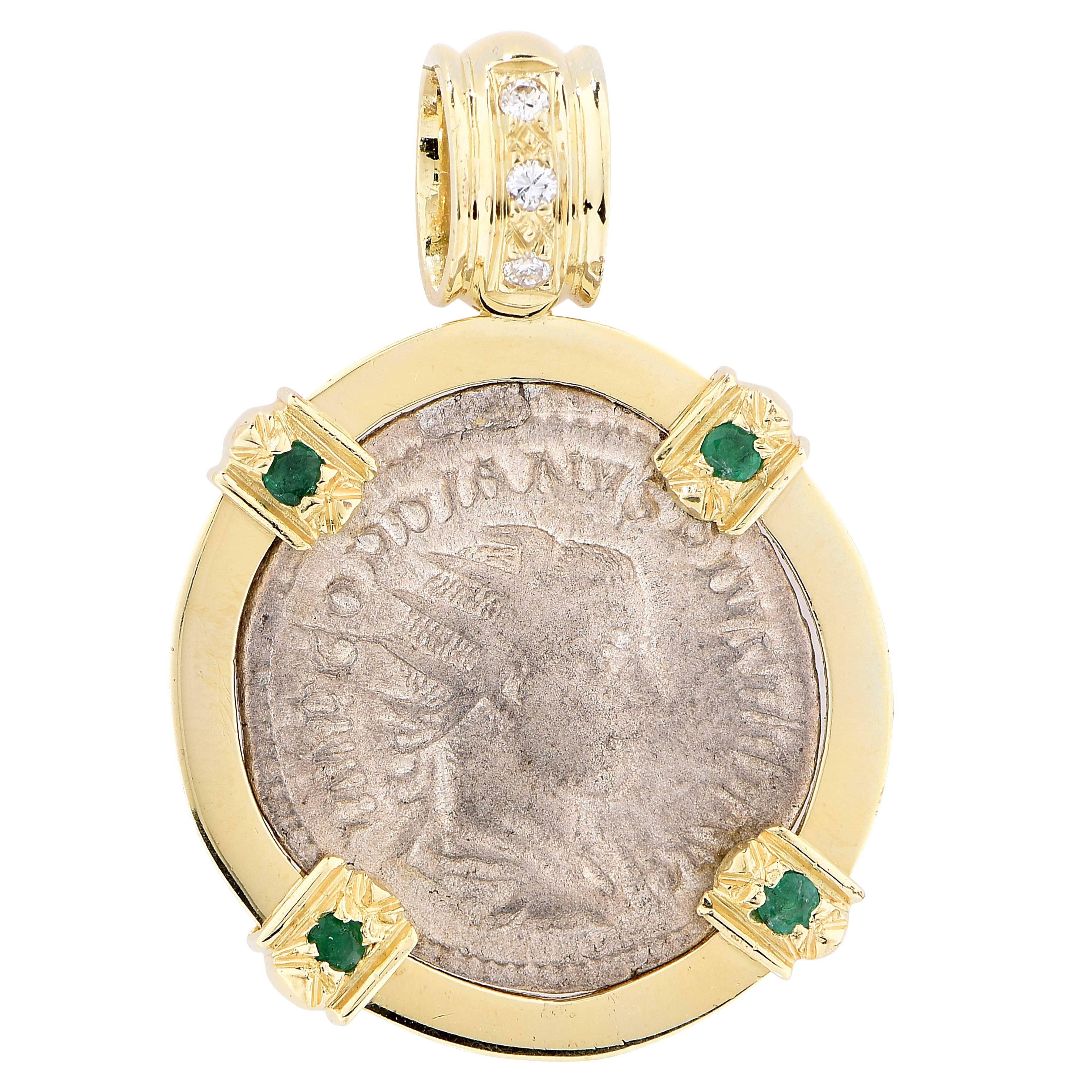  Emerald Diamond Greek Coin Pendant