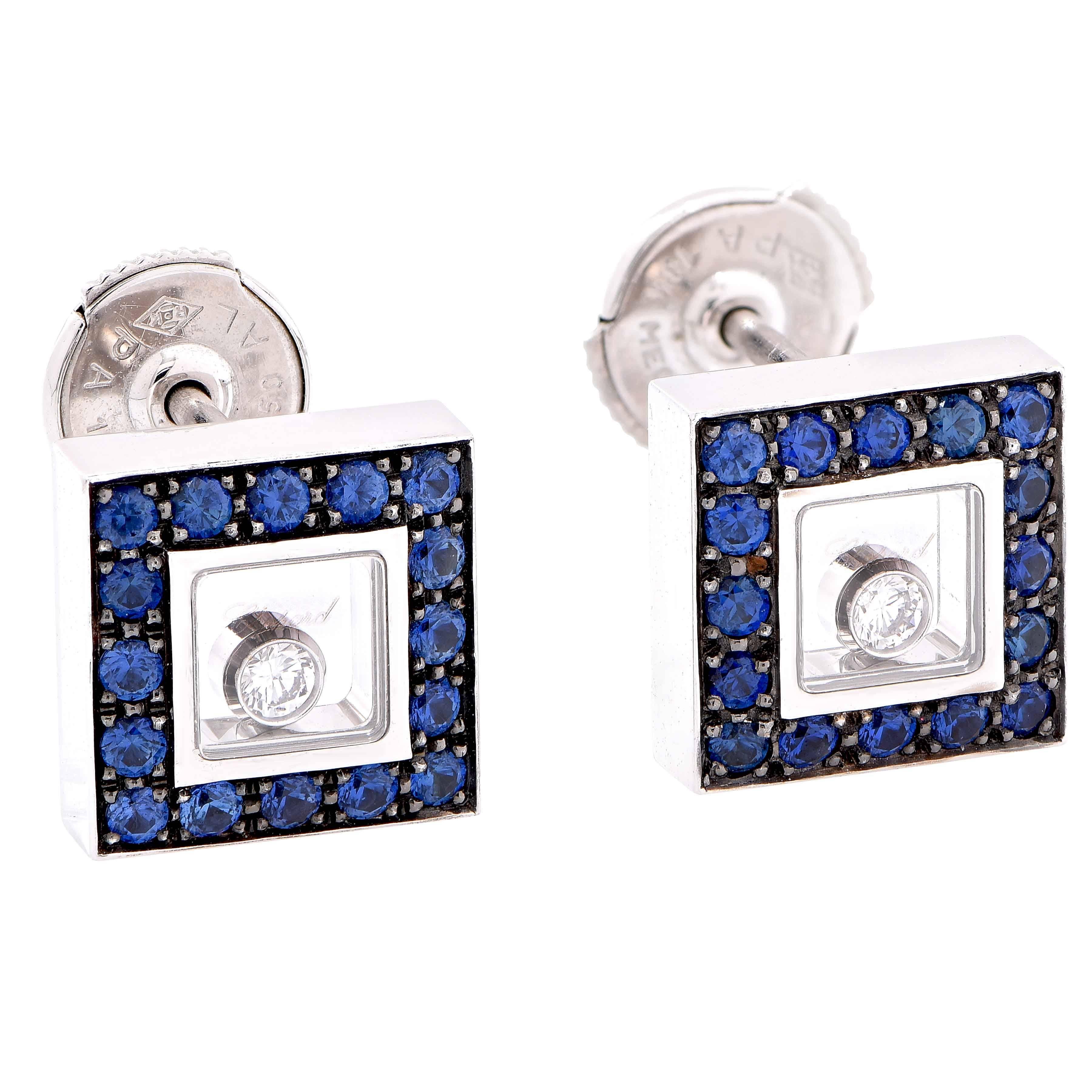 Chopard Happy Diamonds Sapphire and Diamond Square  White Gold Earrings For Sale