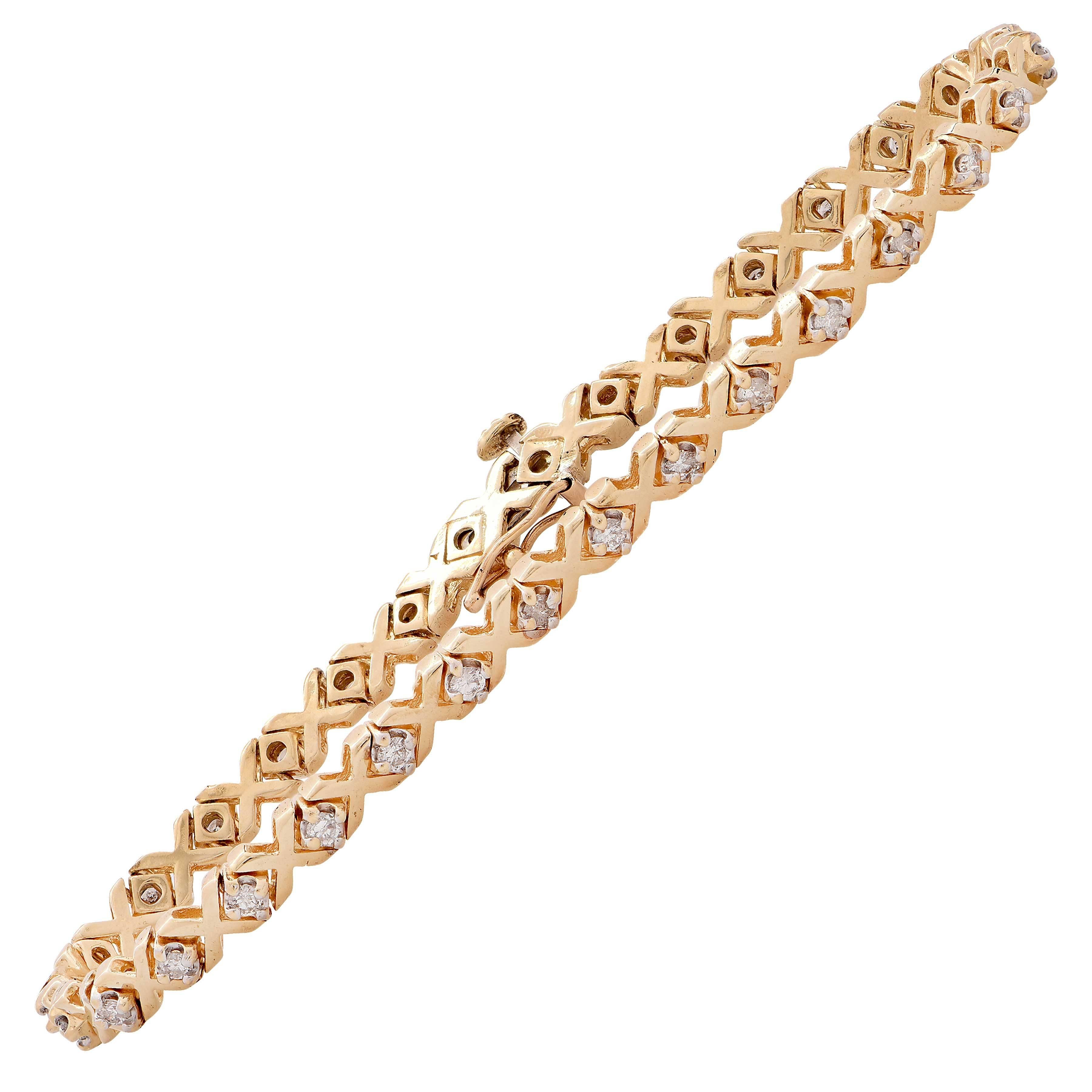 1.3 Carat Xs and Os Diamond Gold Tennis Bracelet For Sale