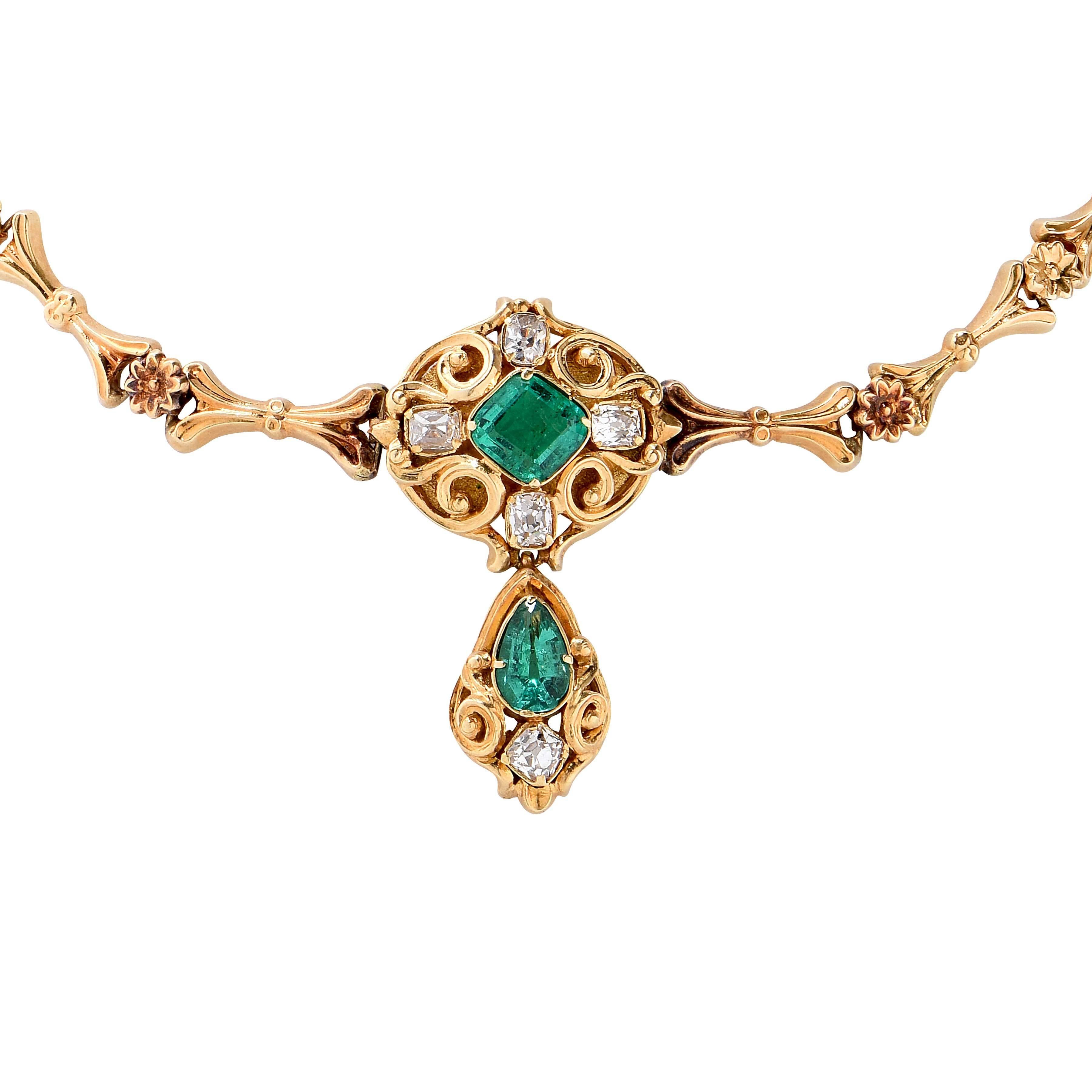Antique Gold, Emerald and Diamond Necklace, circa 1850 For Sale