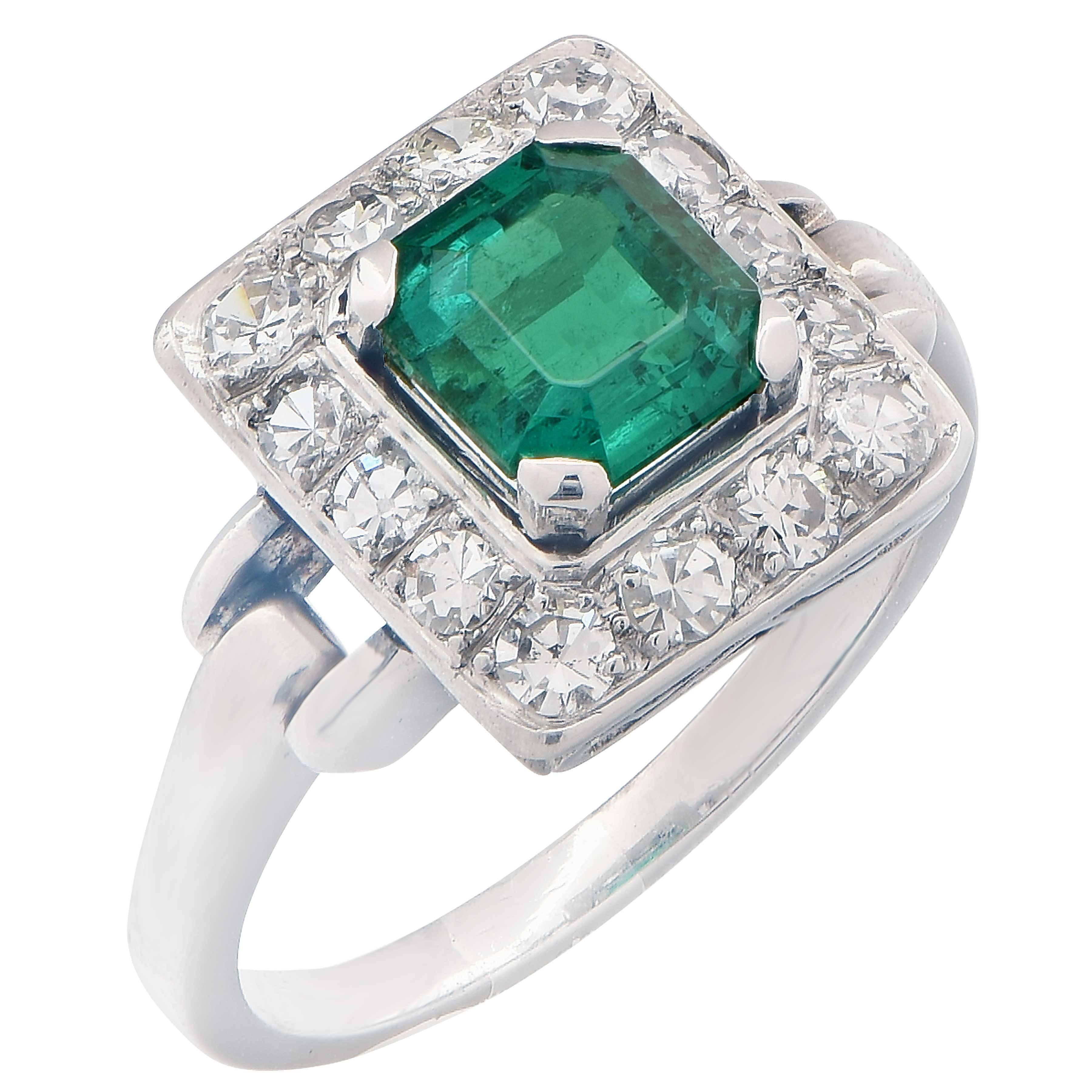 1.36 Carat Colombian Emerald No Treatment AGL Diamond Ring For Sale