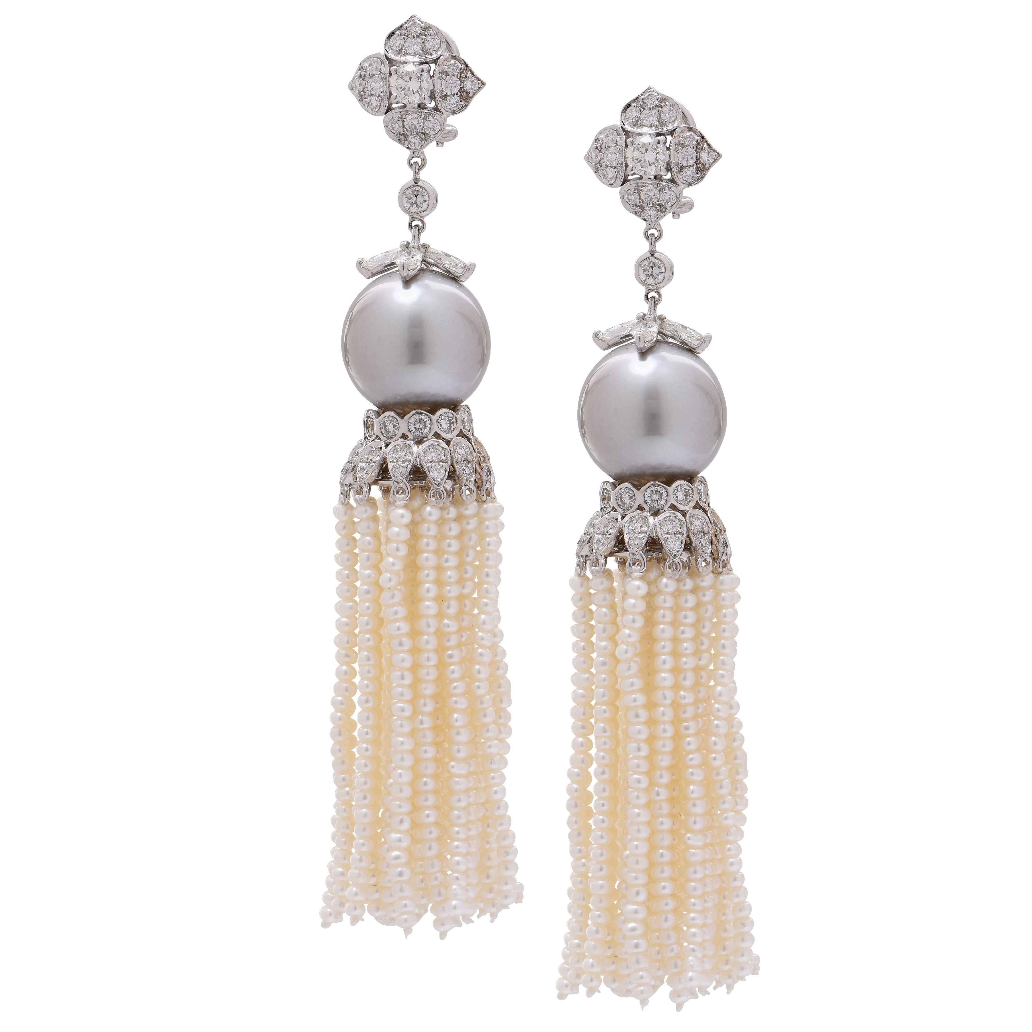 Boucles d'oreilles en perles de Tahiti grises et diamants