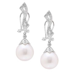 Pearl and Diamond Drop 18 Karat White Gold Earrings