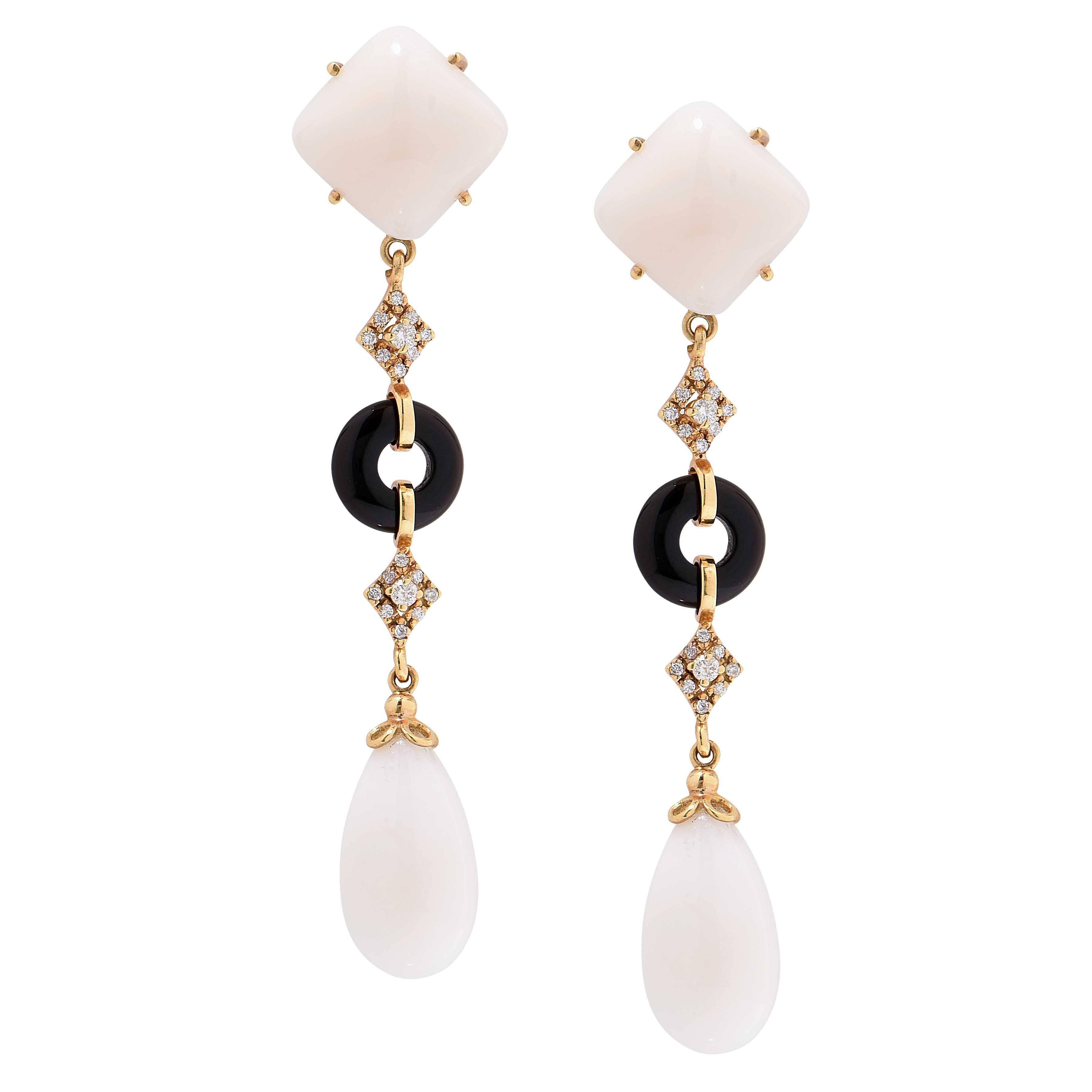 White Coral Onyx Diamond Drop Earrings