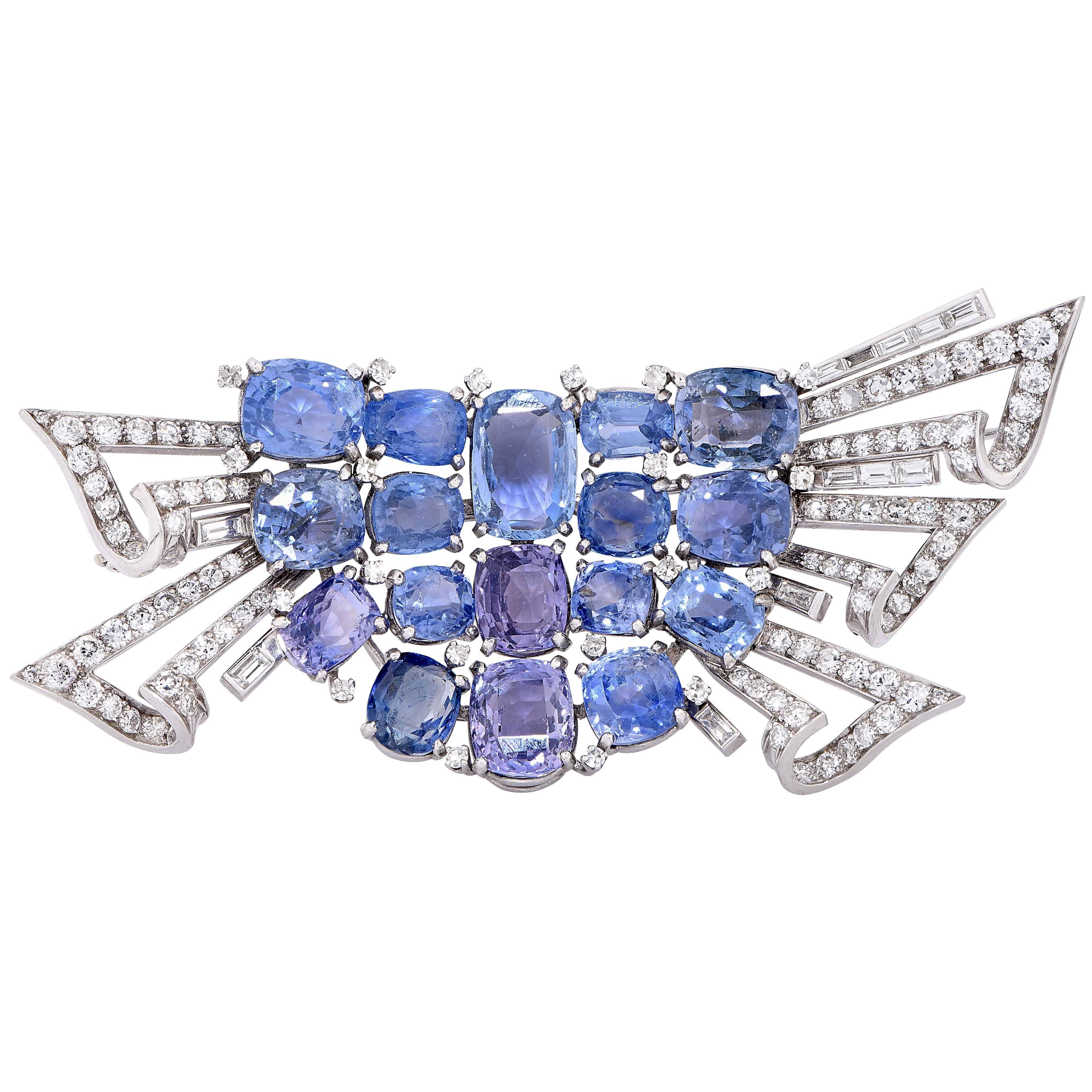 Midcentury Design Blue and Purple Sapphire and Diamond Platinum Brooch For Sale
