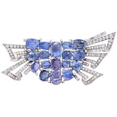 Retro Midcentury Design Blue and Purple Sapphire and Diamond Platinum Brooch