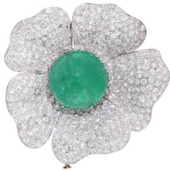 Vintage 33.93 Carat Natural Cabochon Cut Emerald and 15 Carat Diamond Flower Brooch