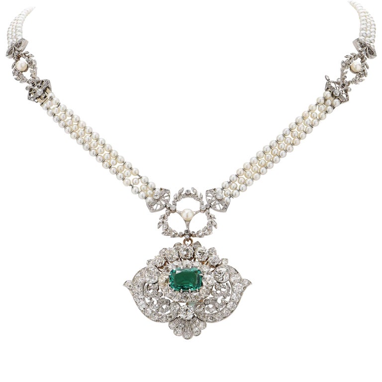 Exceptional Tiffany and Co., circa 1880 Emerald Diamond Pearl Necklace