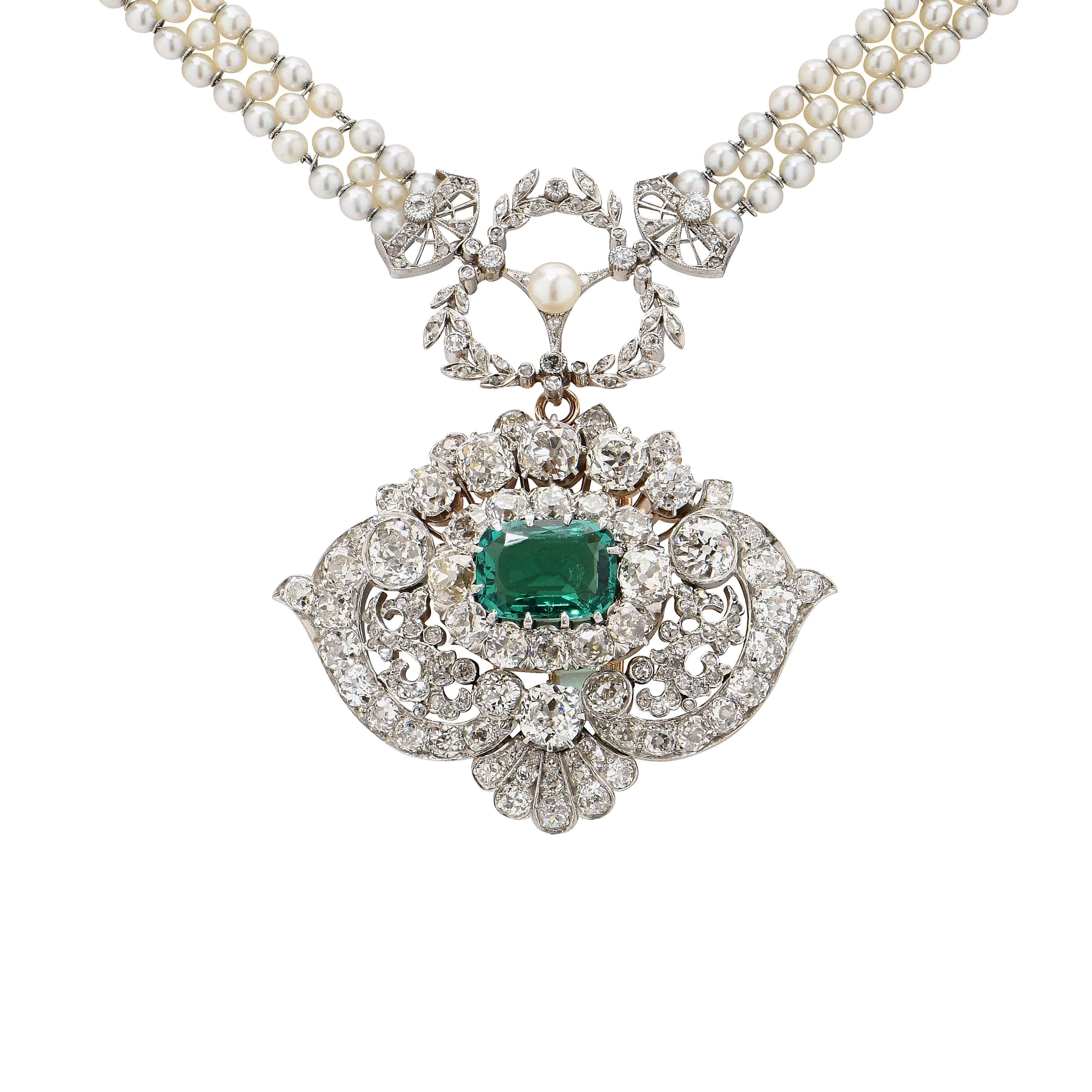  Tiffany & Co. um 1880 Klassische kolumbianische Smaragd-Diamant-Anstecknadel-Halskette (Alteuropäischer Brillantschliff) im Angebot