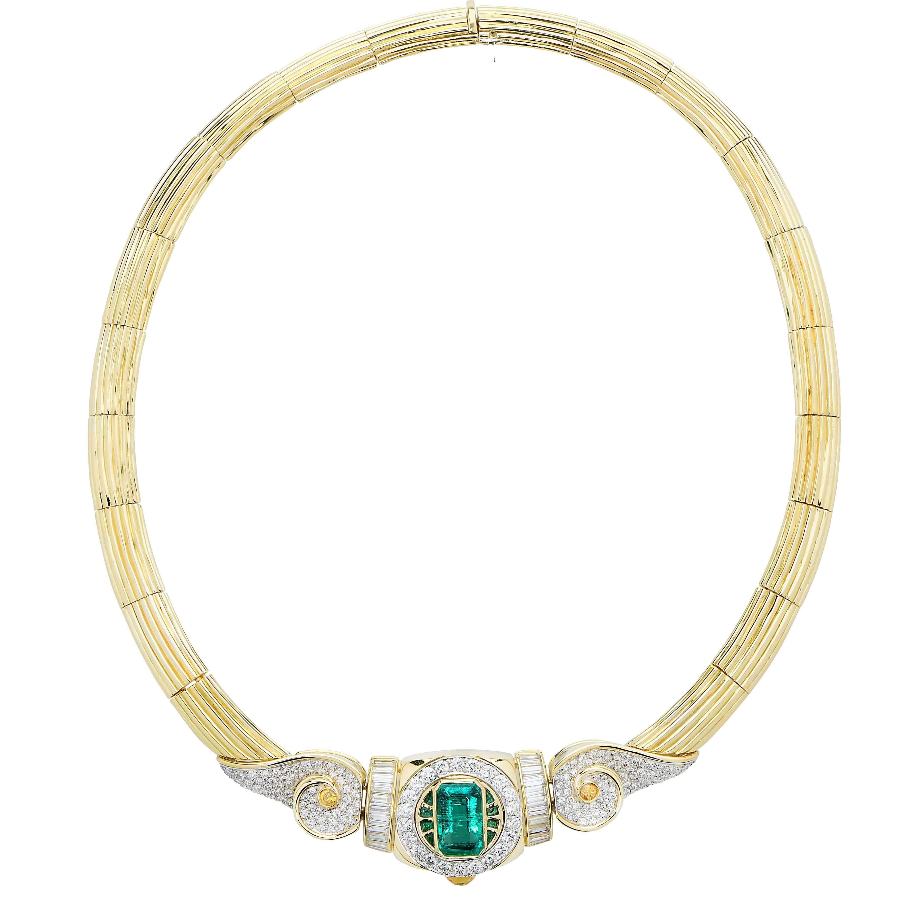 Emerald and diamond necklace featuring an AGL graded Colombian emerald with minor clarity enhancement estimated weight 4.4 carats and  218 mix cut diamonds with an estimated total weight of 5 carats.
Necklace Length 14.5 inches
Metal Type: 18 Kt