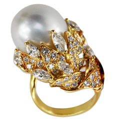 Vintage 1990s Baroque Cultured Pearl Diamond Ring