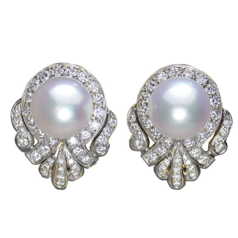 Pearl and 2.3 Carat Diamond Earrings by Balogh For Sale