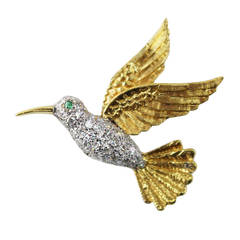 Vintage 1930s Emerald Diamond Gold Platinum Hummingbird Brooch