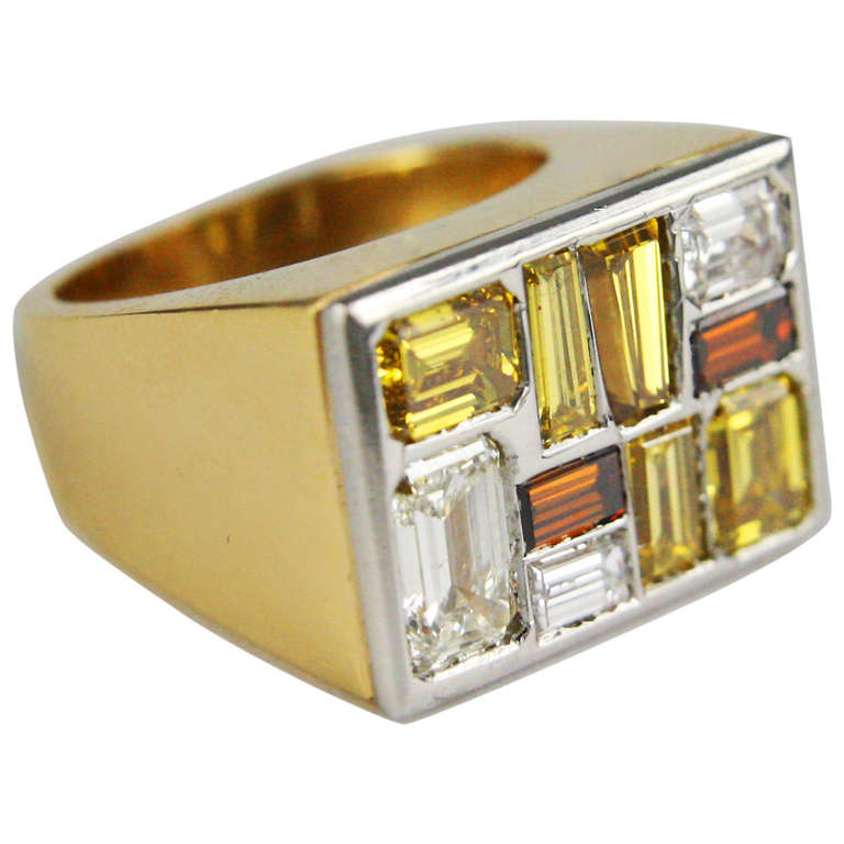 Fancy Colored Yellow, White, and Brown Diamond Ring For Sale