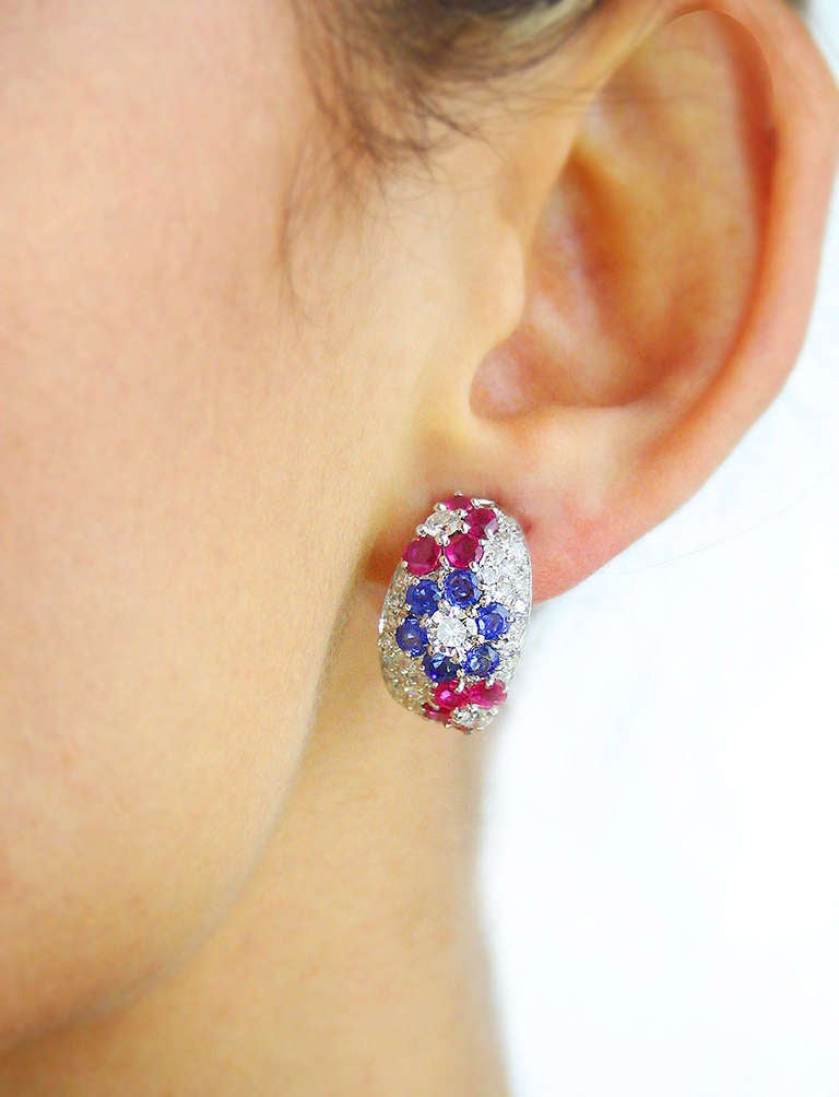 Women's Diamond, Sapphire and Ruby Platinum Ear Clips For Sale