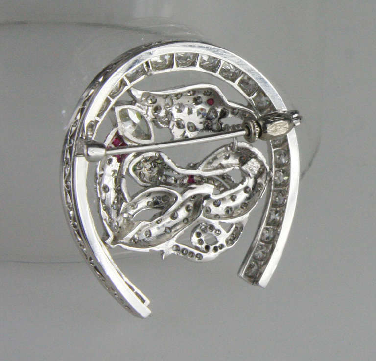 4.9 Carat Art Deco Ruby Emerald Diamond Platinum Brooch In Excellent Condition For Sale In Bay Harbor Islands, FL