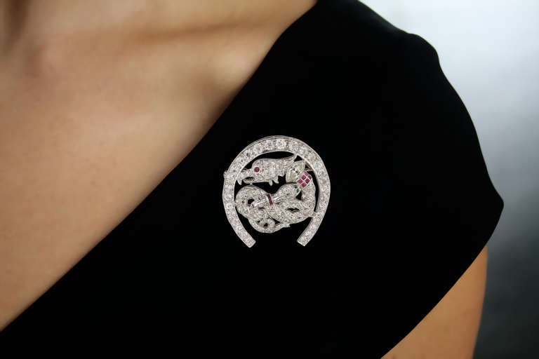 4.9 Carat Art Deco Ruby Emerald Diamond Platinum Brooch