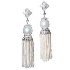 South Sea Cultured Pearl and Diamond Earrings with Removable Tassels