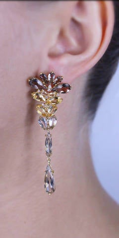 Smokey Quartz Citrine Diamond Yellow Gold Drop Earrings