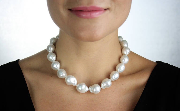Baroque south sea cultured pearl necklace consisting of 21 pearls measuring 
17.3mm by 15.2mm. Very well matched, and nice color. Strung with a white gold clasp.