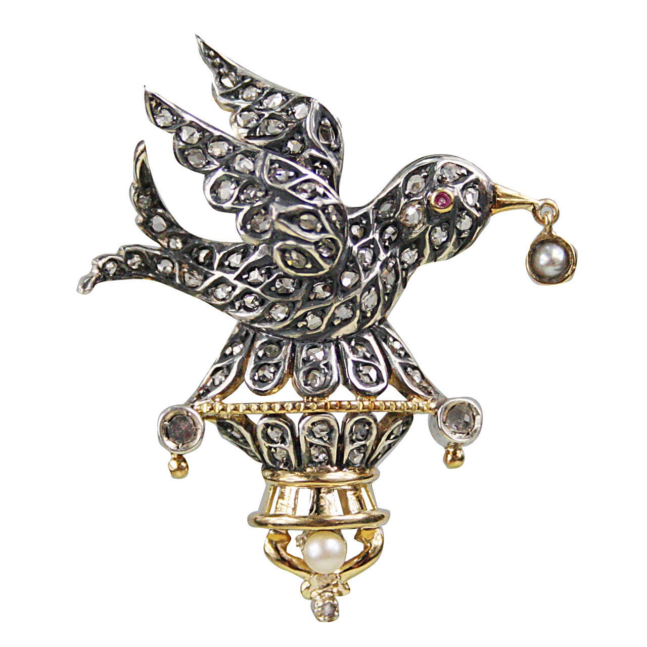 Victorian bird brooch with rose cut diamonds, one split pearl and one round  pearl.