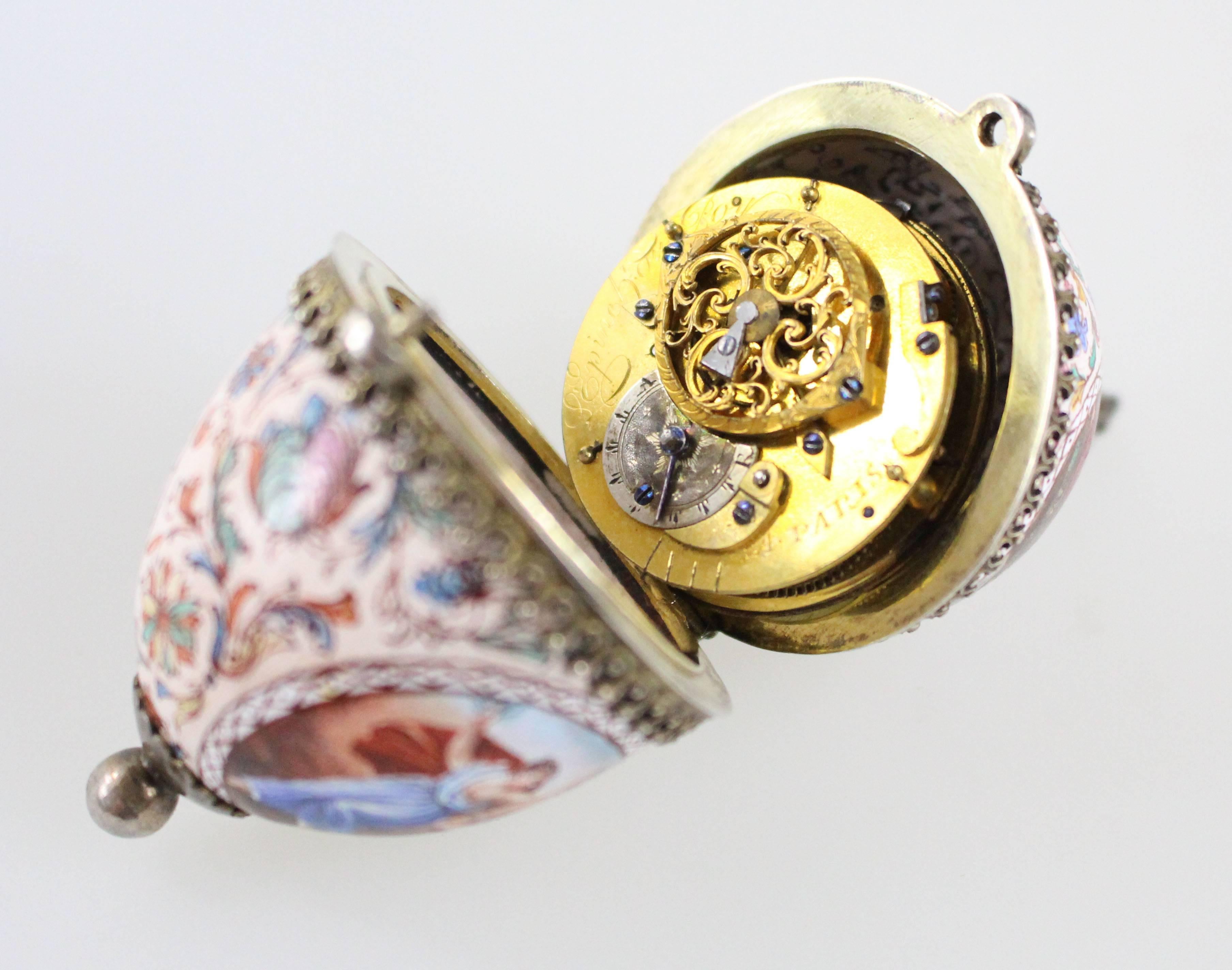 Objet d'art watch in the shape of an egg. It has romantic scenes in enamel on cooper with a gilt brass fusee movement and round baluster pillars. This piece is from the house of Jean Antoine Lepine, and manufactured in the late 18th century. Signed