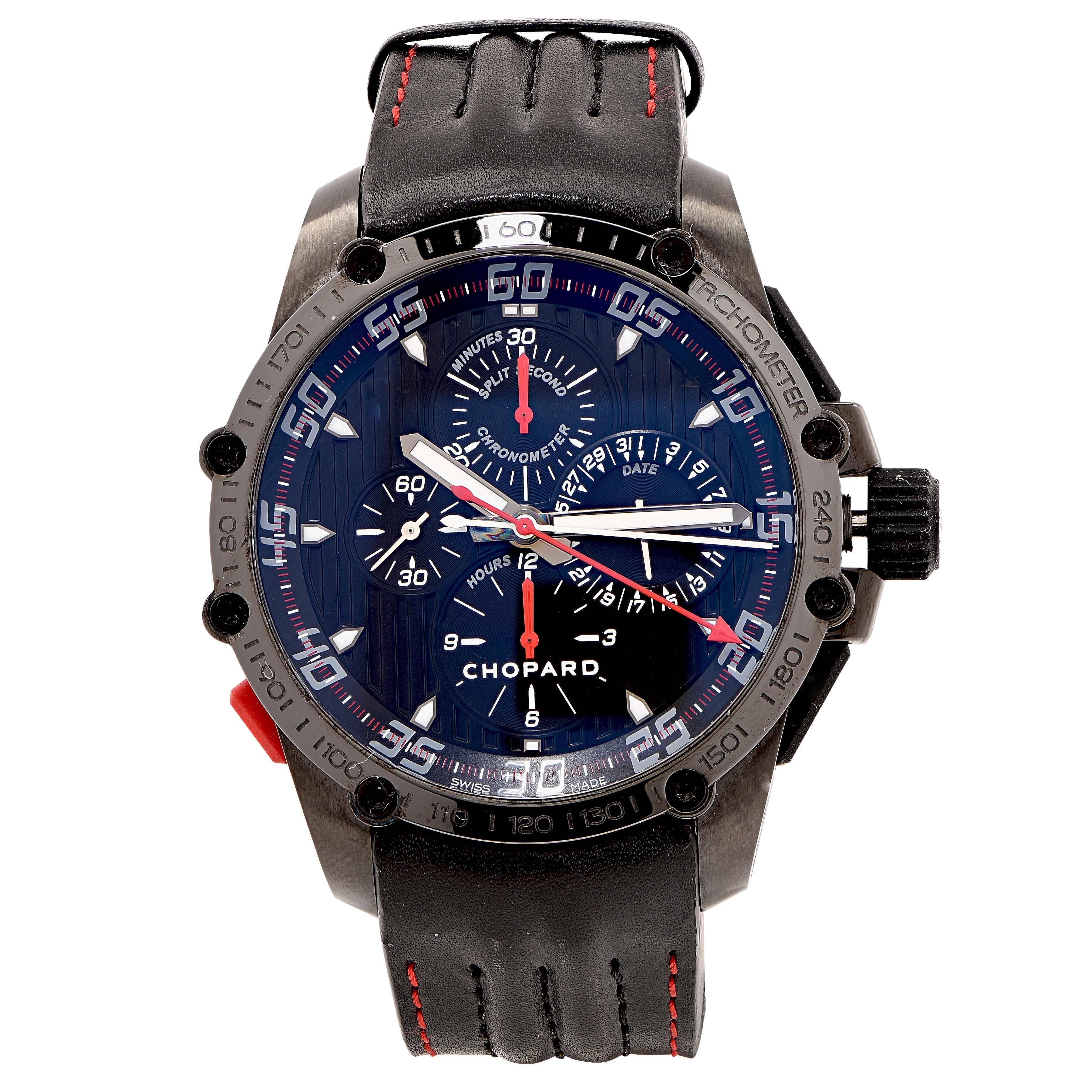 New With Box and Papers Chopard Superfast Split Second Chronograph    Model #168542-3001 The Superfast collection is the superlative sports collection. The imposing case of this Superfast Chrono Split Second watch in DLC blackened steel gives it a