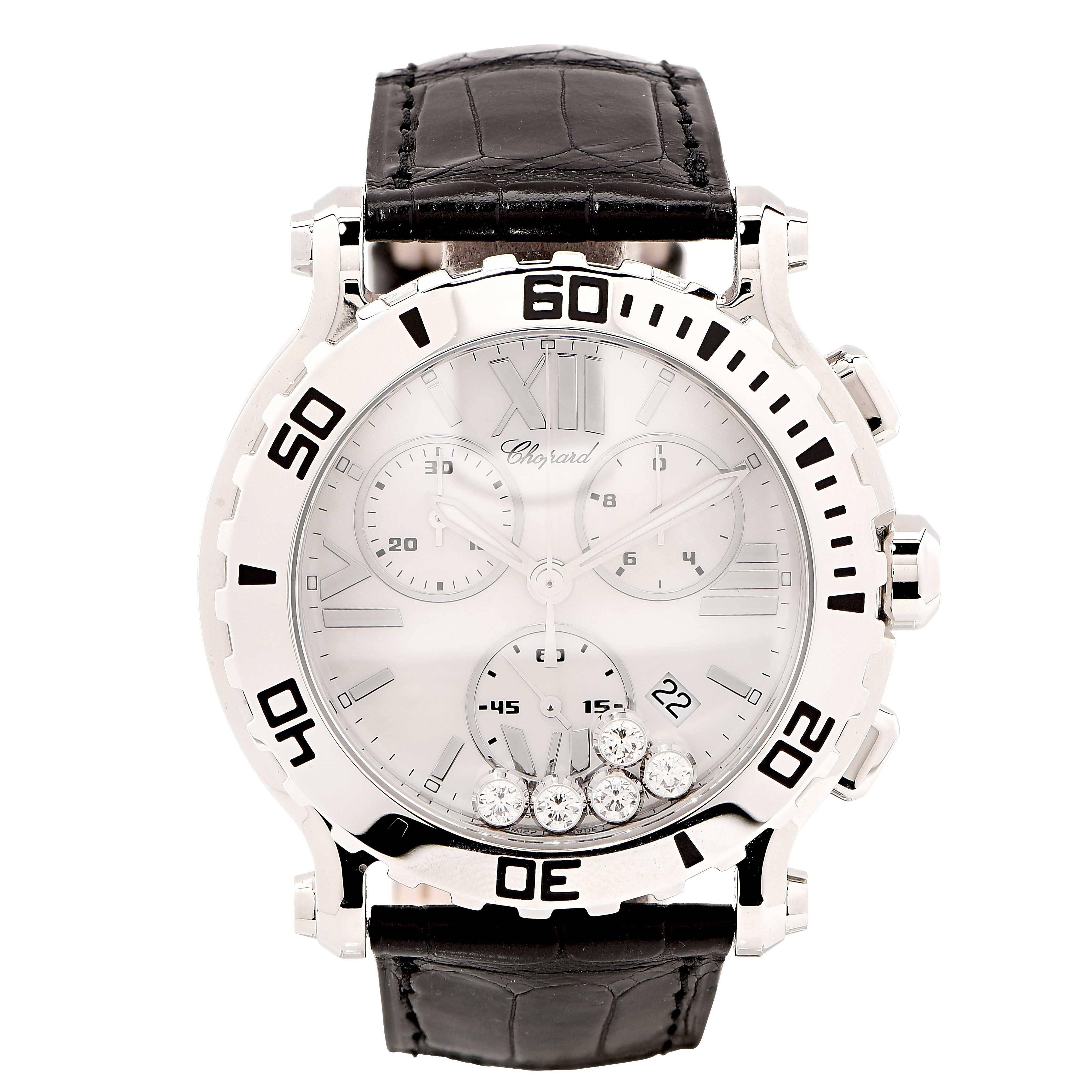 Brand new Chopard Happy Sport chronograph quartz watch with 5 floating diamonds. Model #288499-3006  Retail $9,250. 

Fusing sporty style with femininity, the Happy Sport Chrono watch in stainless steel is the ultimate in contemporary chic. The