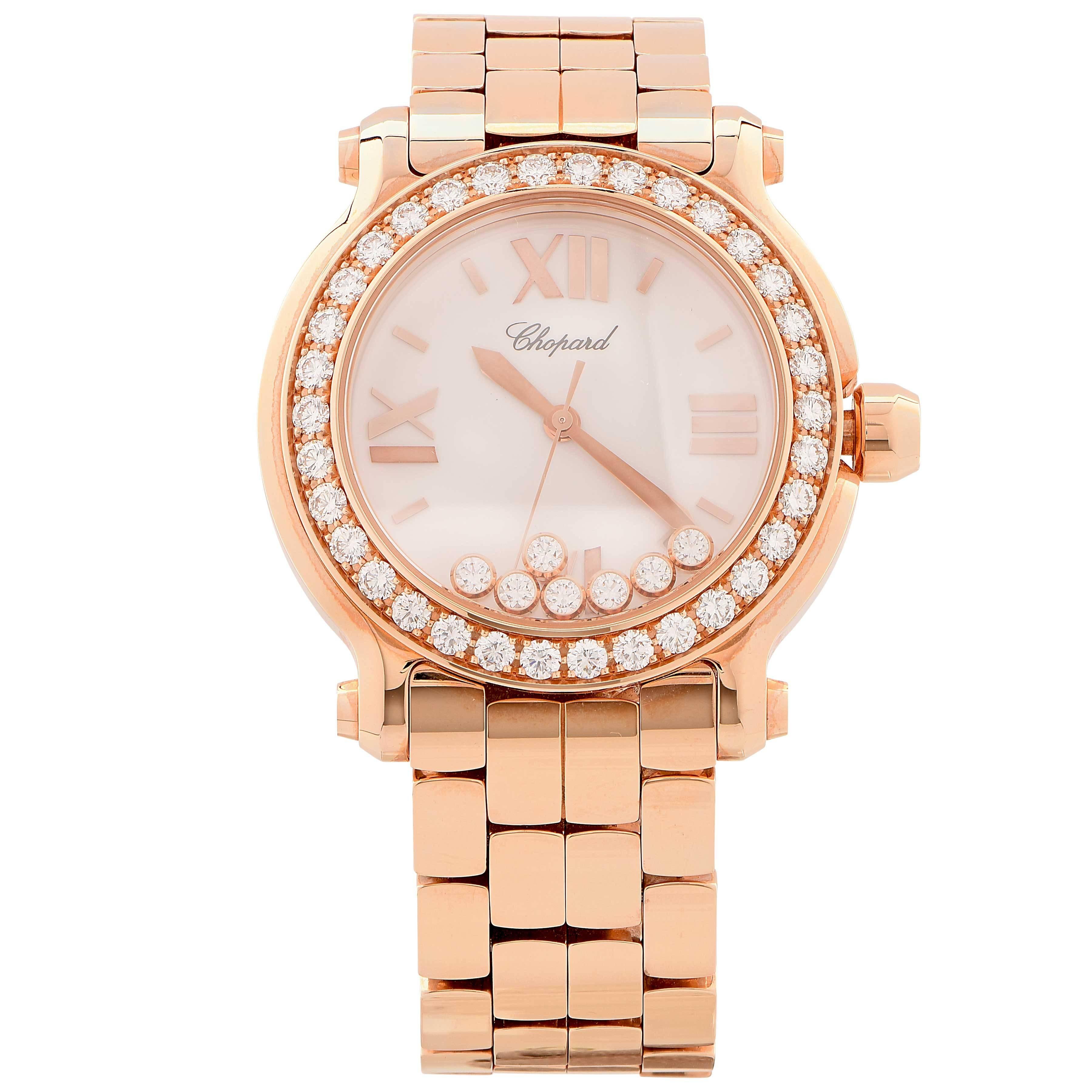 Brand new Chopard happy sport rose gold watch with 7 floating diamonds. Quartz movement, with second hand and date. With original Chopard box and papers. Retail price is $42,720.