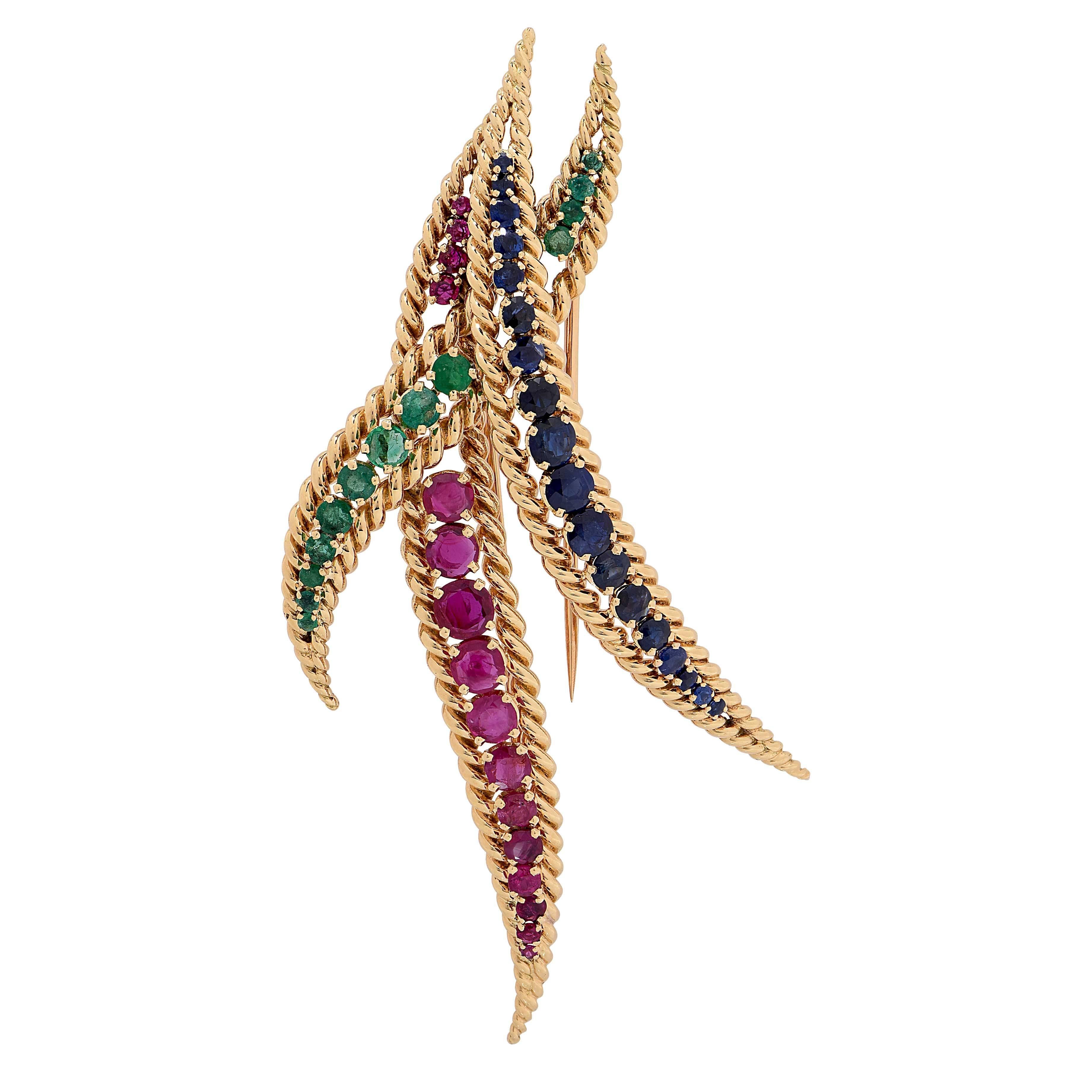 1980s Large Mauboussin Ruby Sapphire Emerald Yellow Gold Brooch In Excellent Condition For Sale In Bay Harbor Islands, FL