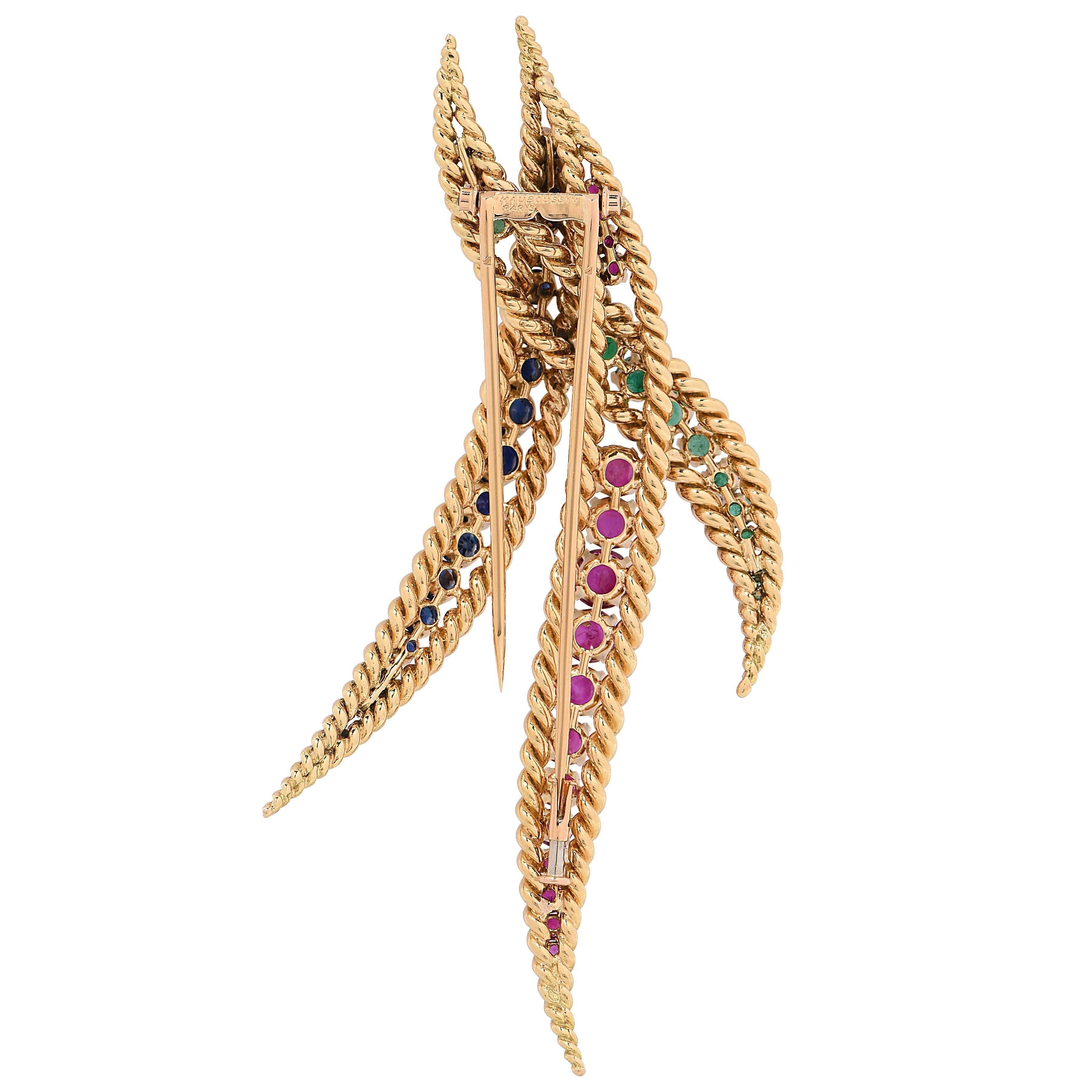 Women's 1980s Large Mauboussin Ruby Sapphire Emerald Yellow Gold Brooch For Sale