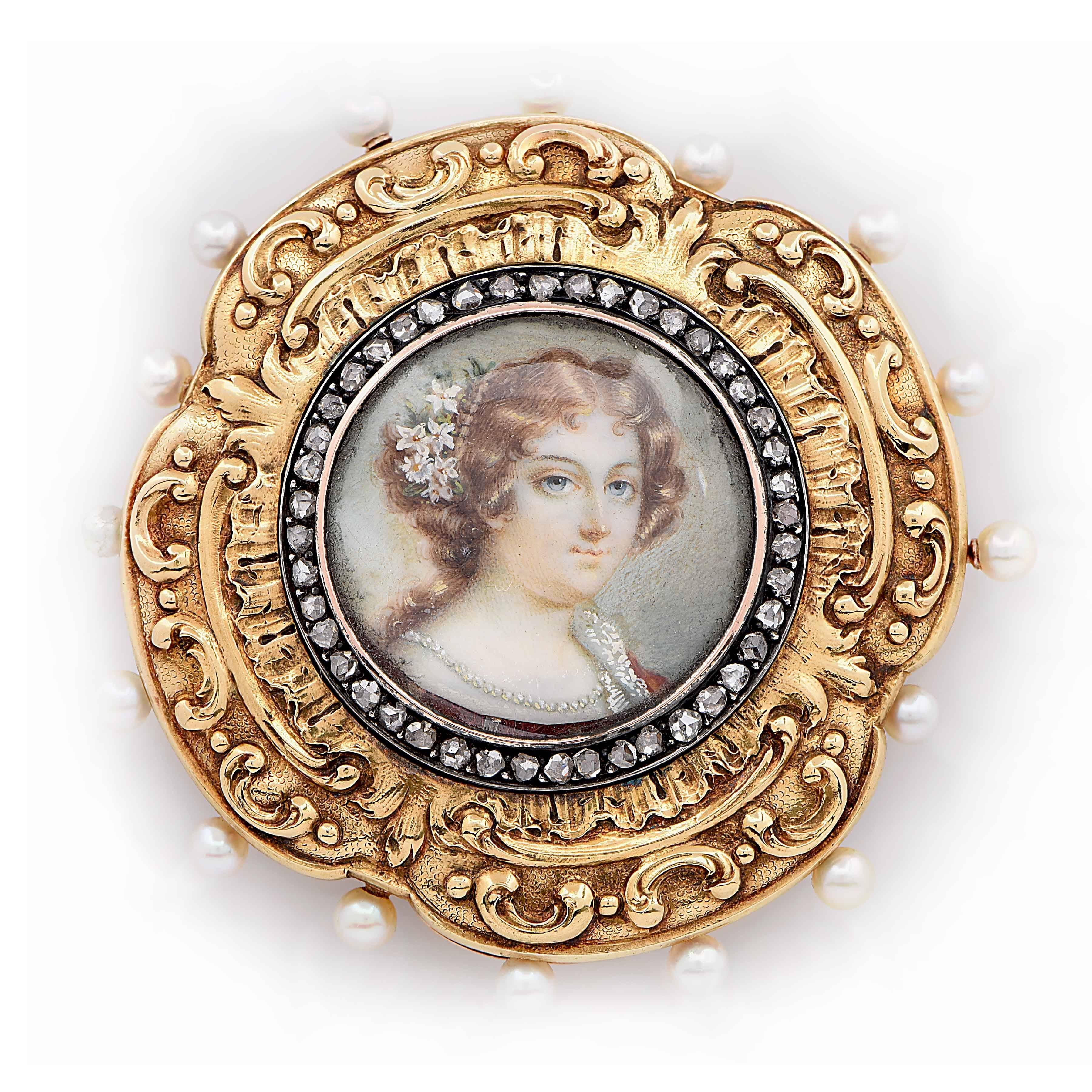 This miniature portrait of a young lady centers this unique gold pin 'cushion' with 14 removable pins, each topped with a pearl. Portrait is surrounded with small single cut old miner diamonds. Uniquely British and crafted with every possible detail