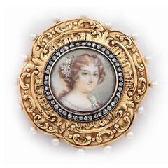 1800s Miniature Pearl Diamond Gold Portrait Pin Cushion