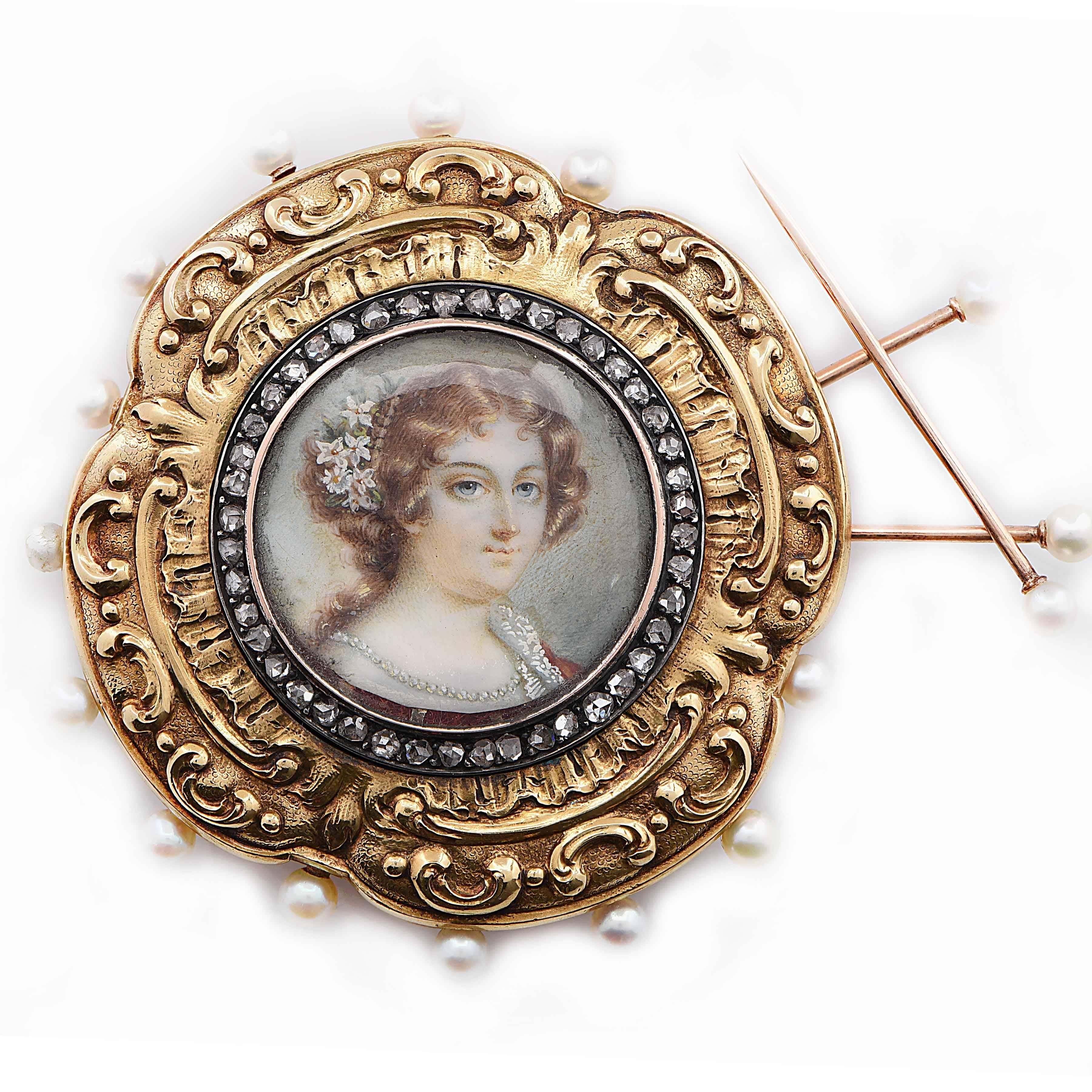 1800er Jahre 1800er Jahre Portrait-Anstecknadelkissen, Miniatur Perle Diamant Gold (Viktorianisch) im Angebot