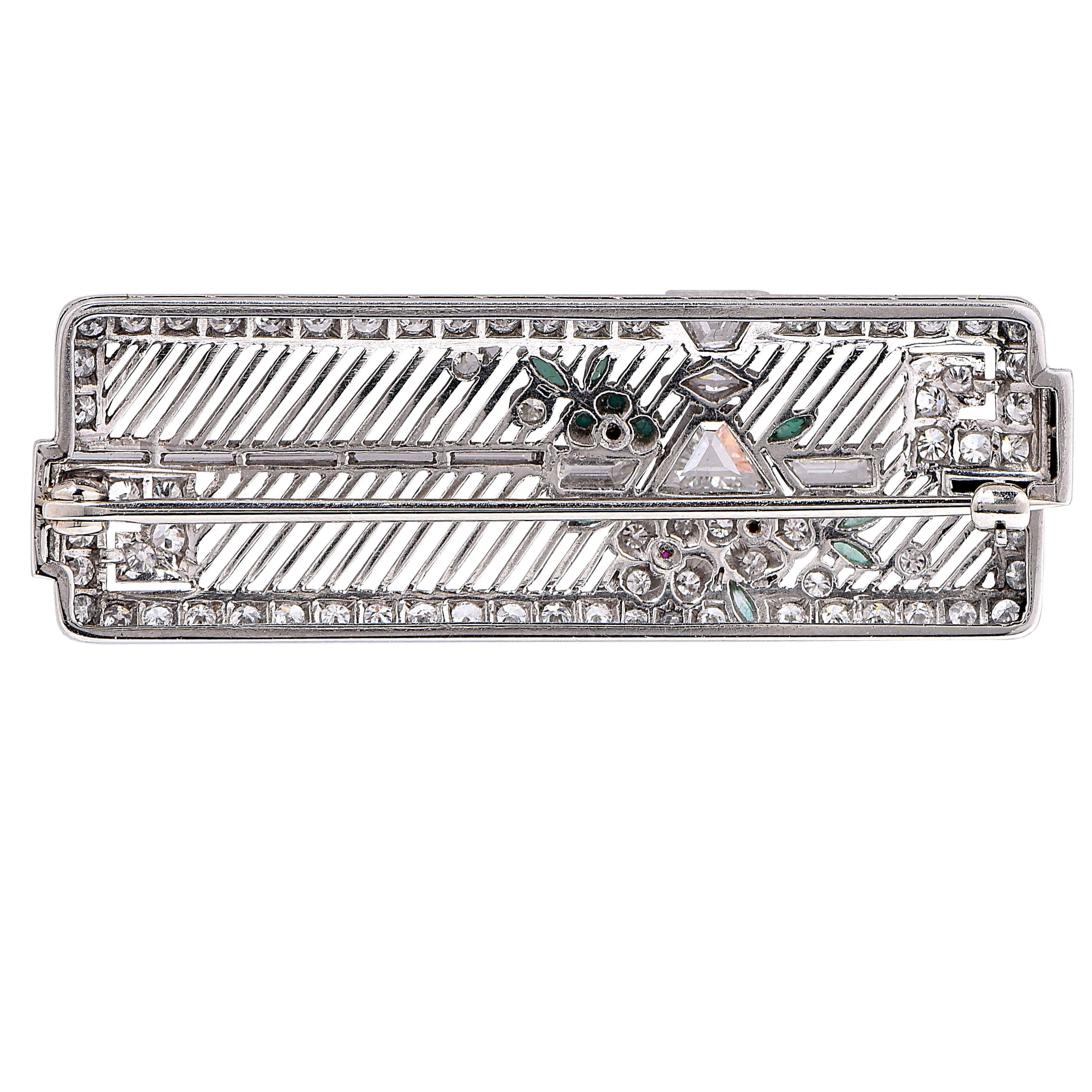 Art Deco Diamond Platinum Gem Brooch In Excellent Condition For Sale In Bay Harbor Islands, FL