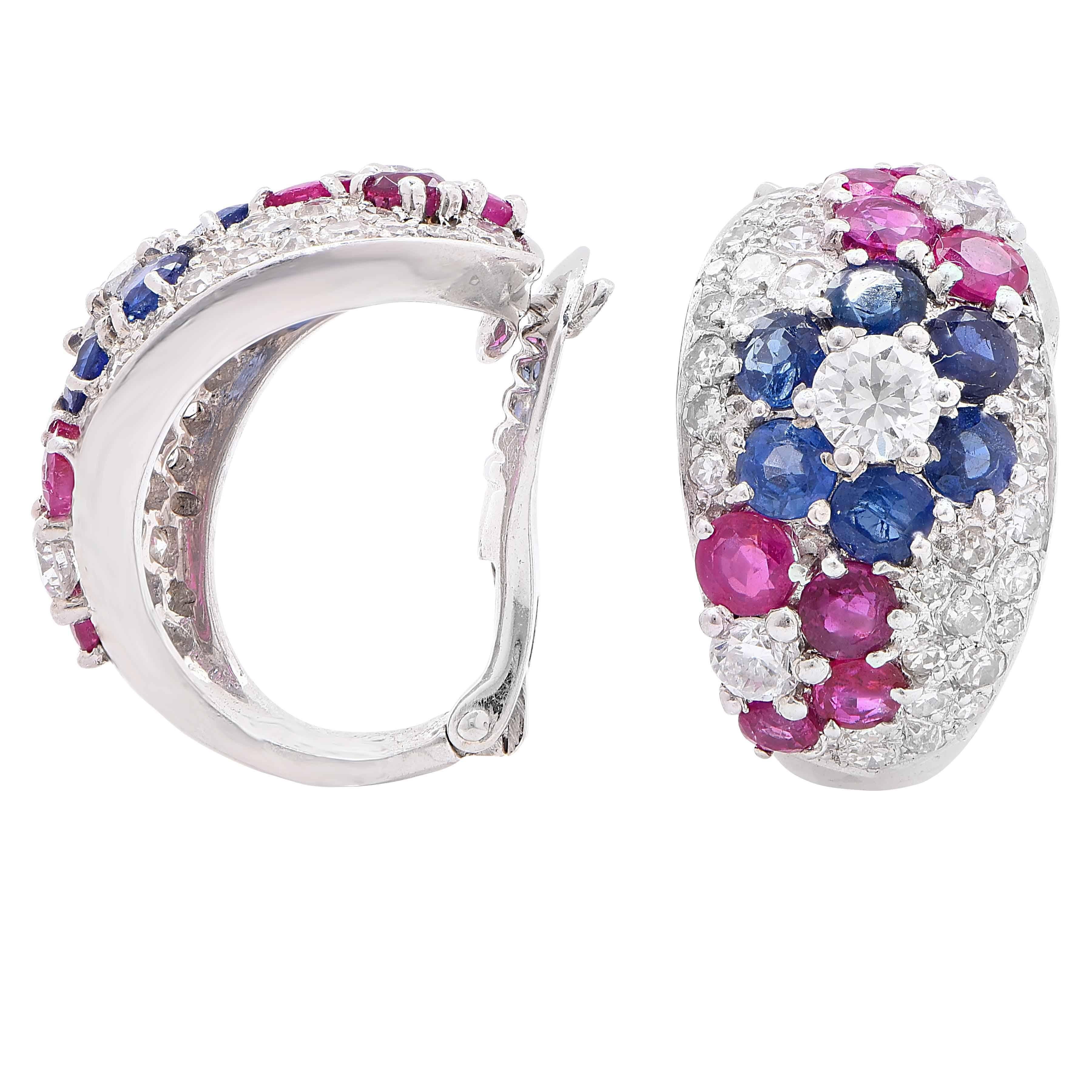 Women's Diamond, Sapphire and Ruby Platinum Ear Clips For Sale