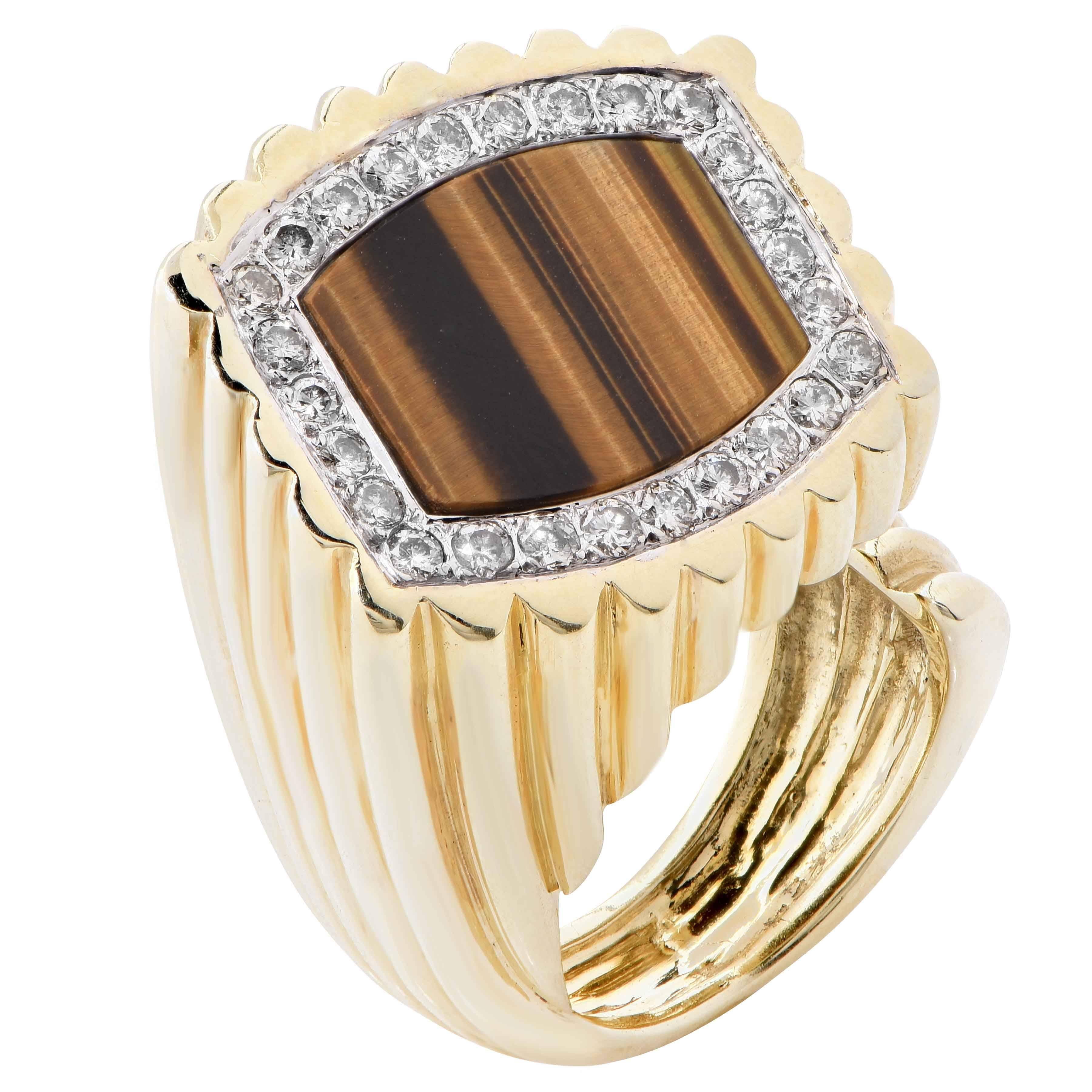Le Triomphe Tiger's Eye, Diamond and Gold Ring For Sale