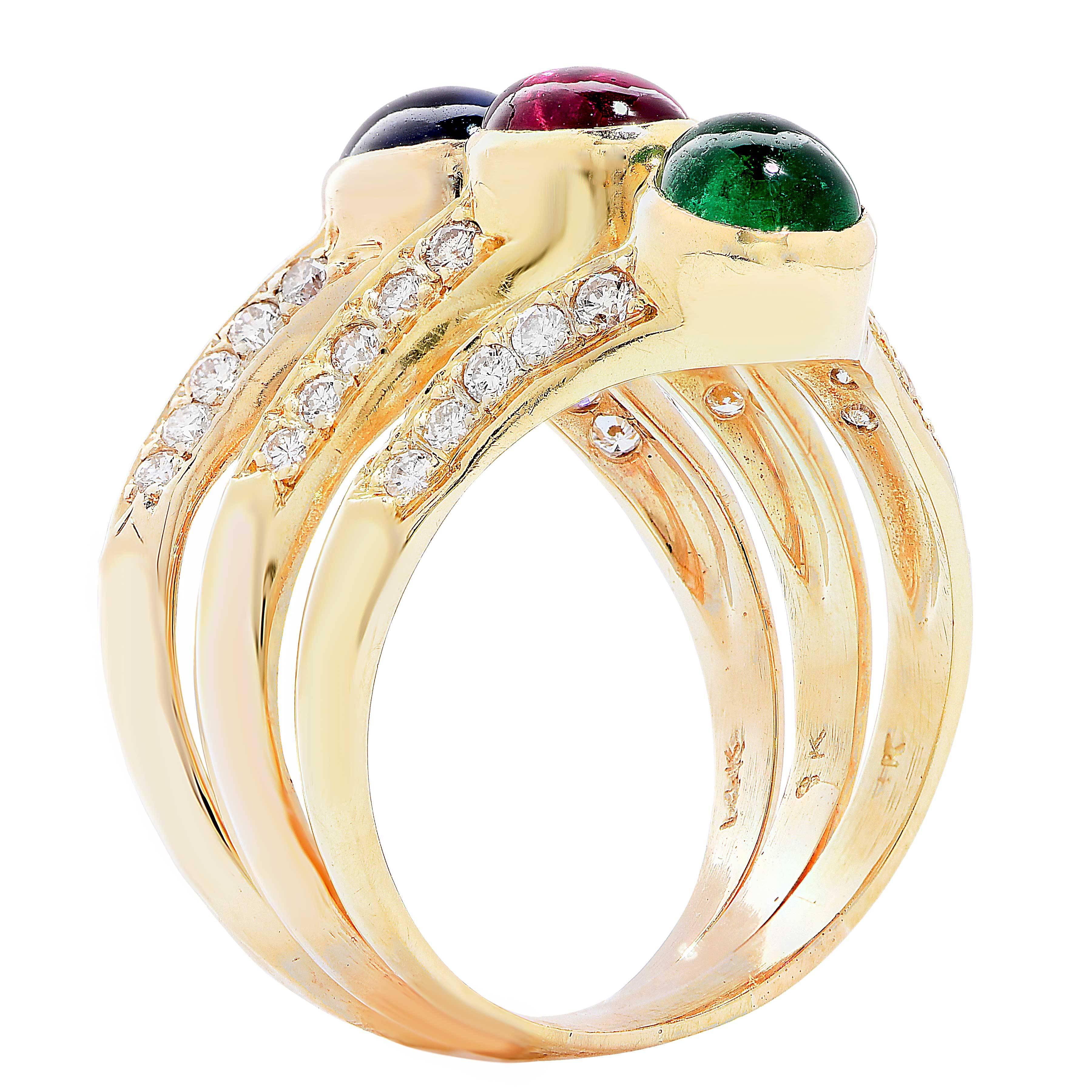 Mixed Cut Triple Row Ruby Emerald Sapphire Diamond 18 Karat Yellow Gold Ring For Sale
